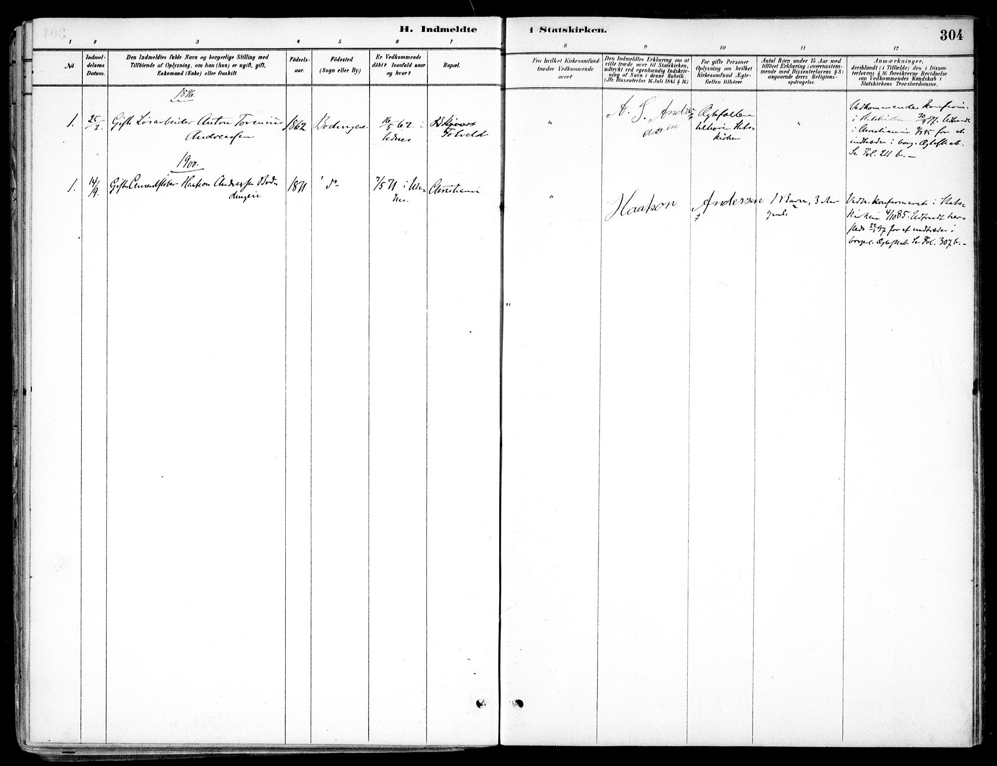 Nes prestekontor Kirkebøker, AV/SAO-A-10410/F/Fc/L0002: Parish register (official) no. IIi 2, 1882-1916, p. 304
