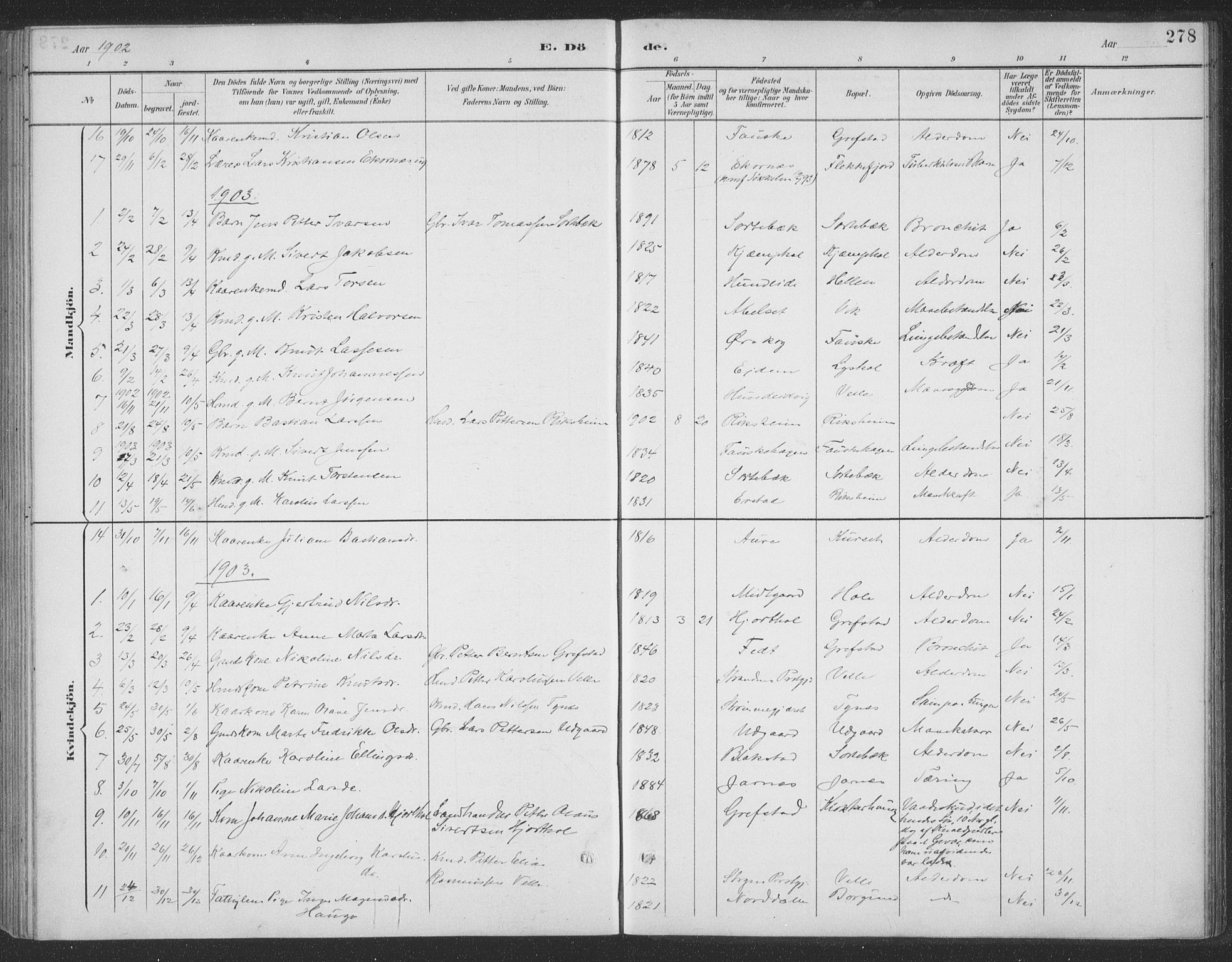 Ministerialprotokoller, klokkerbøker og fødselsregistre - Møre og Romsdal, SAT/A-1454/523/L0335: Parish register (official) no. 523A02, 1891-1911, p. 278