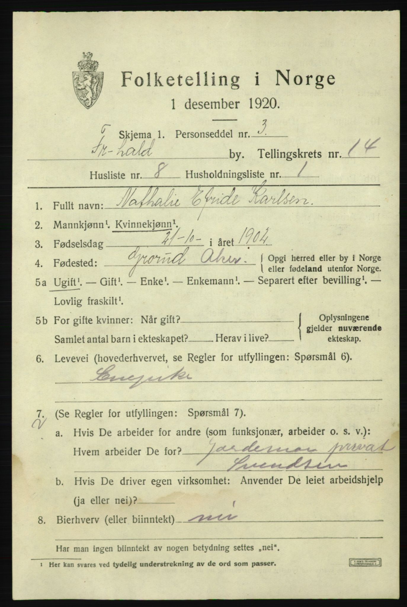 SAO, 1920 census for Fredrikshald, 1920, p. 22407