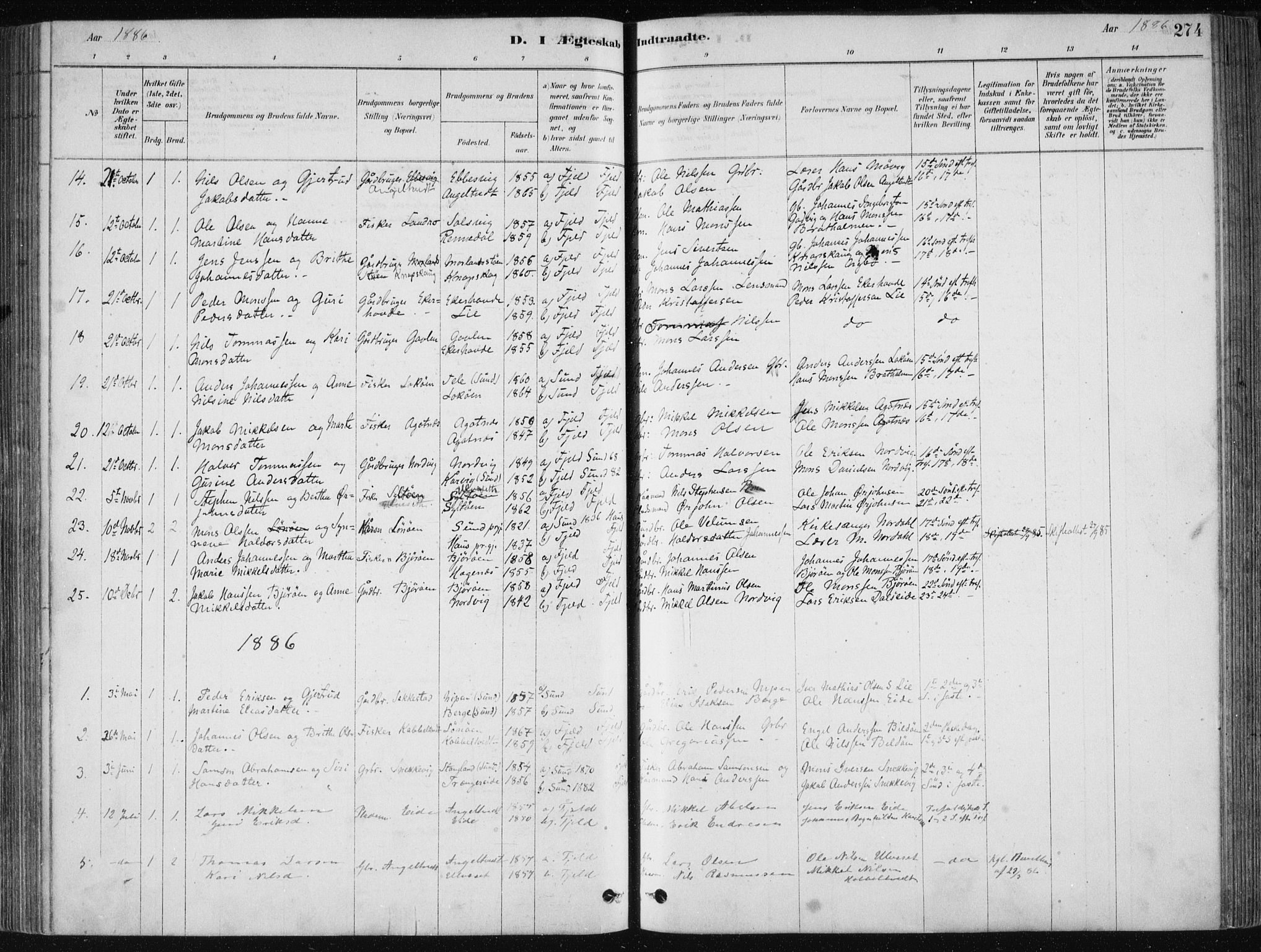Fjell sokneprestembete, SAB/A-75301/H/Haa: Parish register (official) no. A  8, 1878-1898, p. 274