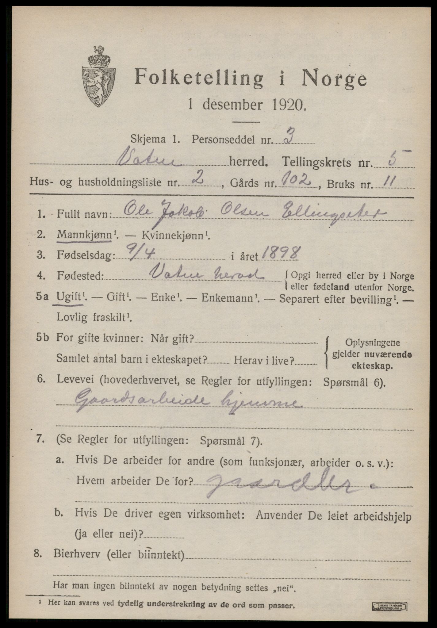 SAT, 1920 census for Vatne, 1920, p. 2160