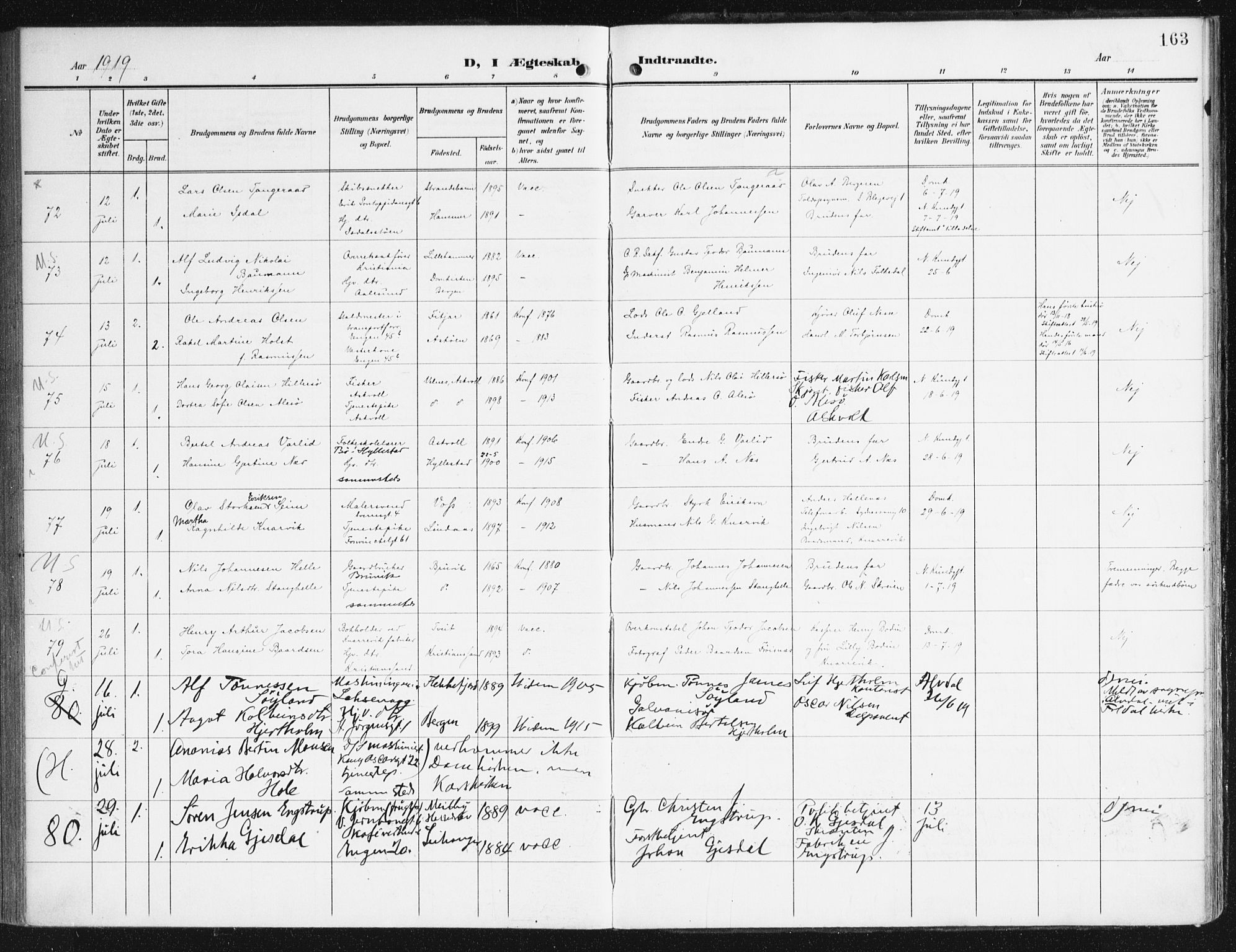 Domkirken sokneprestembete, SAB/A-74801/H/Haa/L0038: Parish register (official) no. D 5, 1906-1921, p. 163