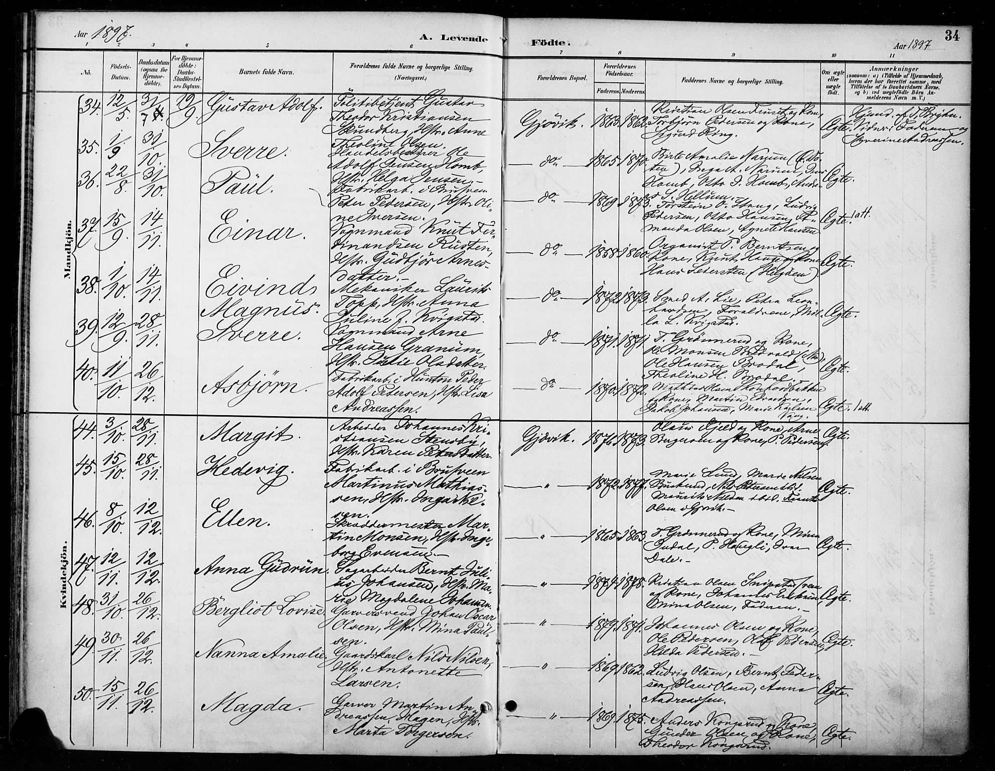 Vardal prestekontor, SAH/PREST-100/H/Ha/Haa/L0011: Parish register (official) no. 11, 1891-1901, p. 34