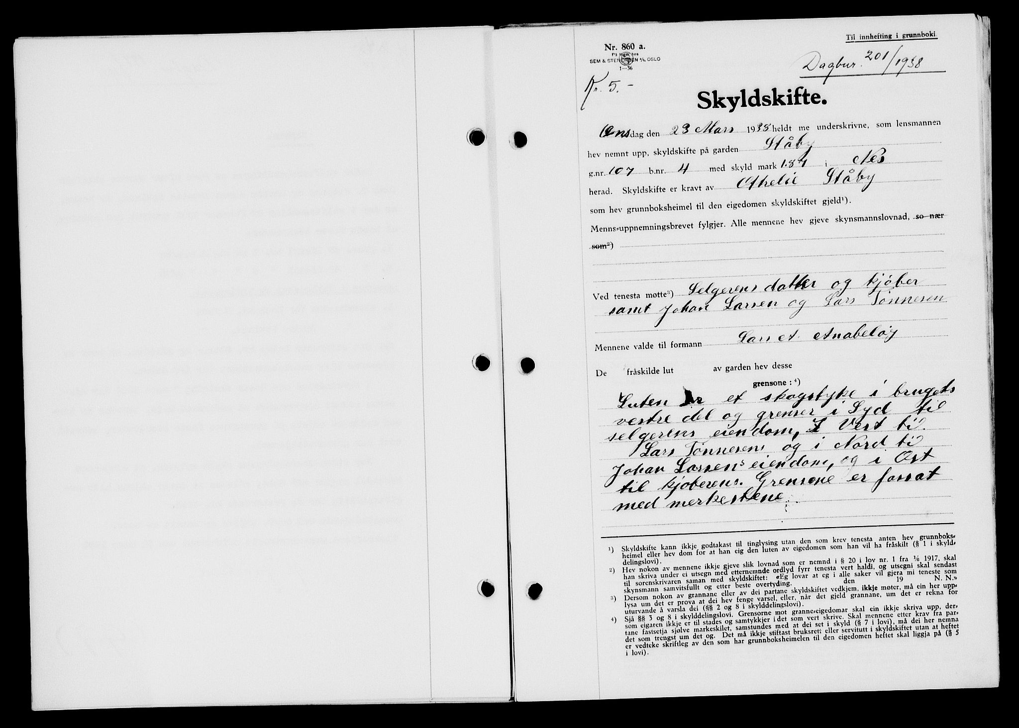 Flekkefjord sorenskriveri, AV/SAK-1221-0001/G/Gb/Gba/L0054: Mortgage book no. A-2, 1937-1938, Diary no: : 201/1938