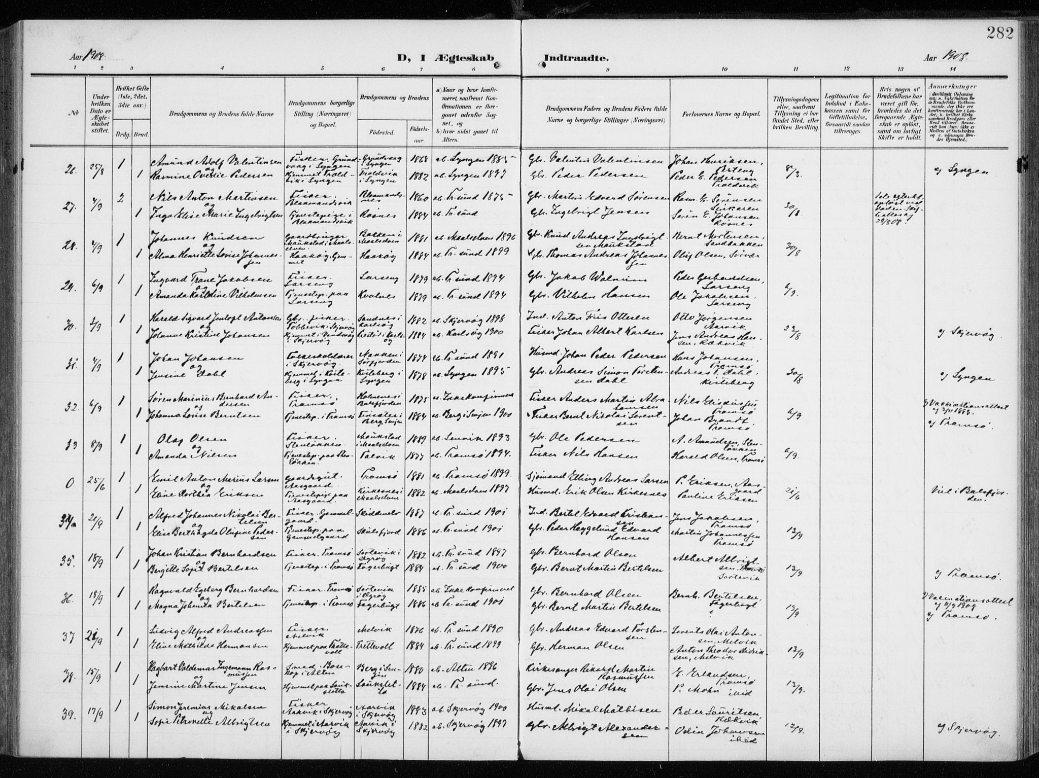 Tromsøysund sokneprestkontor, AV/SATØ-S-1304/G/Ga/L0007kirke: Parish register (official) no. 7, 1907-1914, p. 282