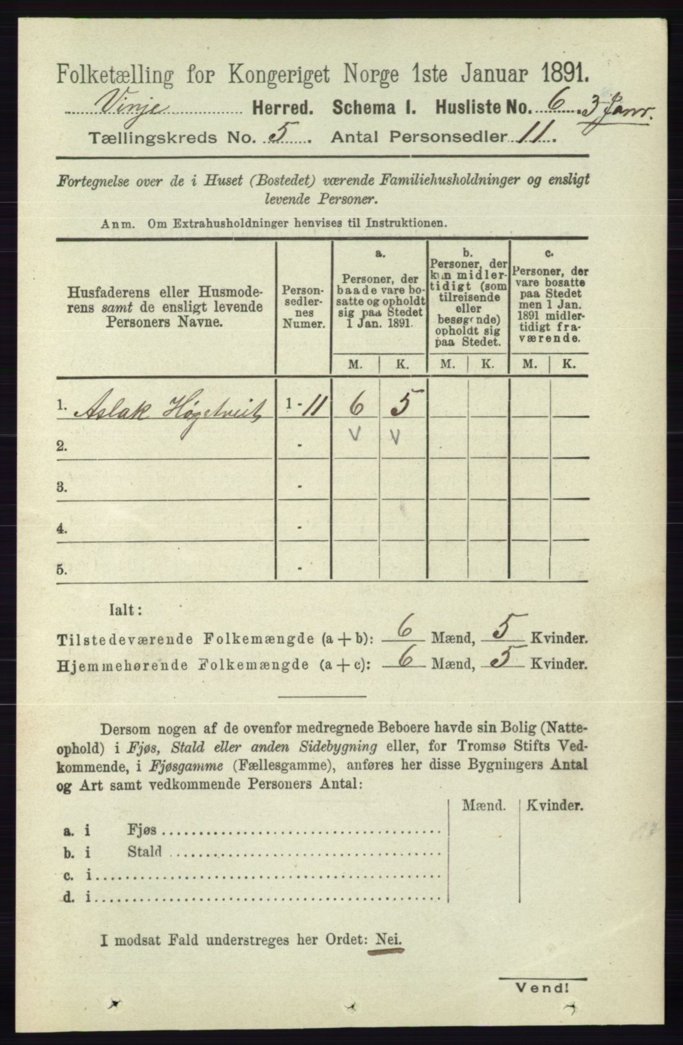 RA, 1891 census for 0834 Vinje, 1891, p. 1011