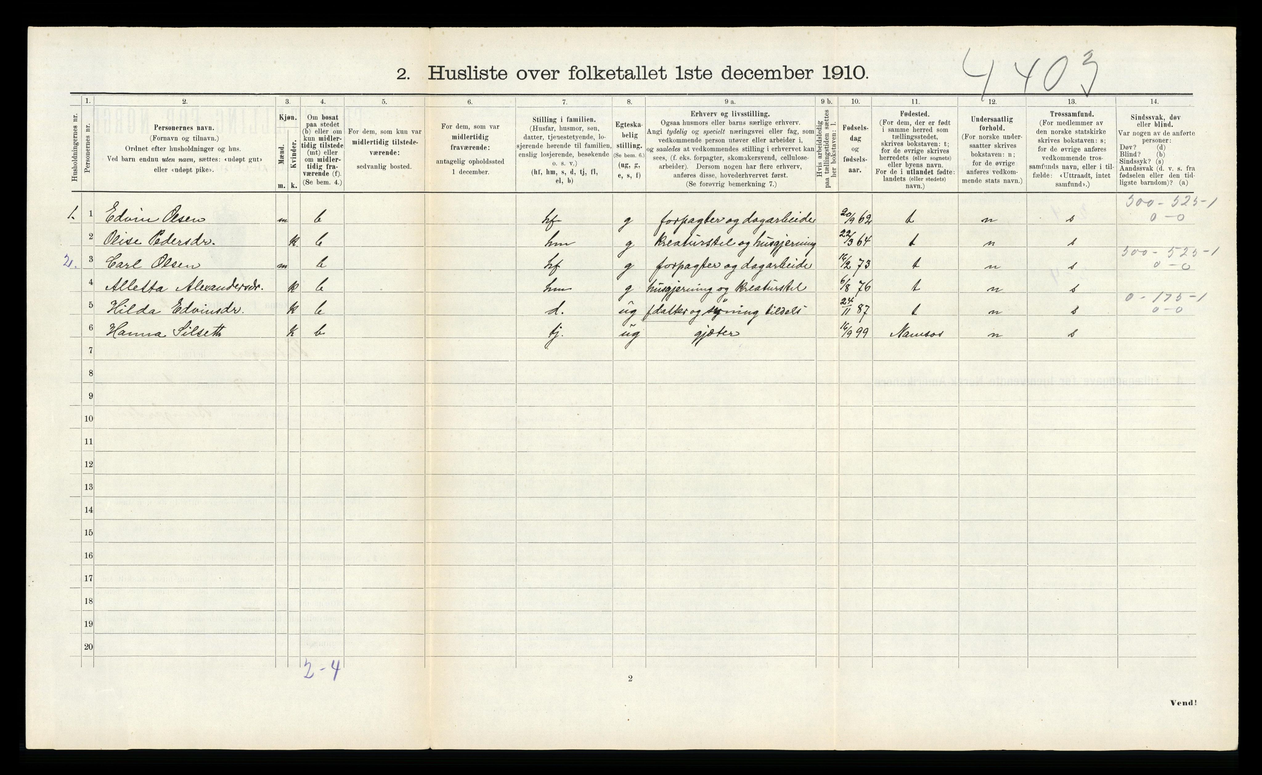 RA, 1910 census for Flatanger, 1910, p. 538