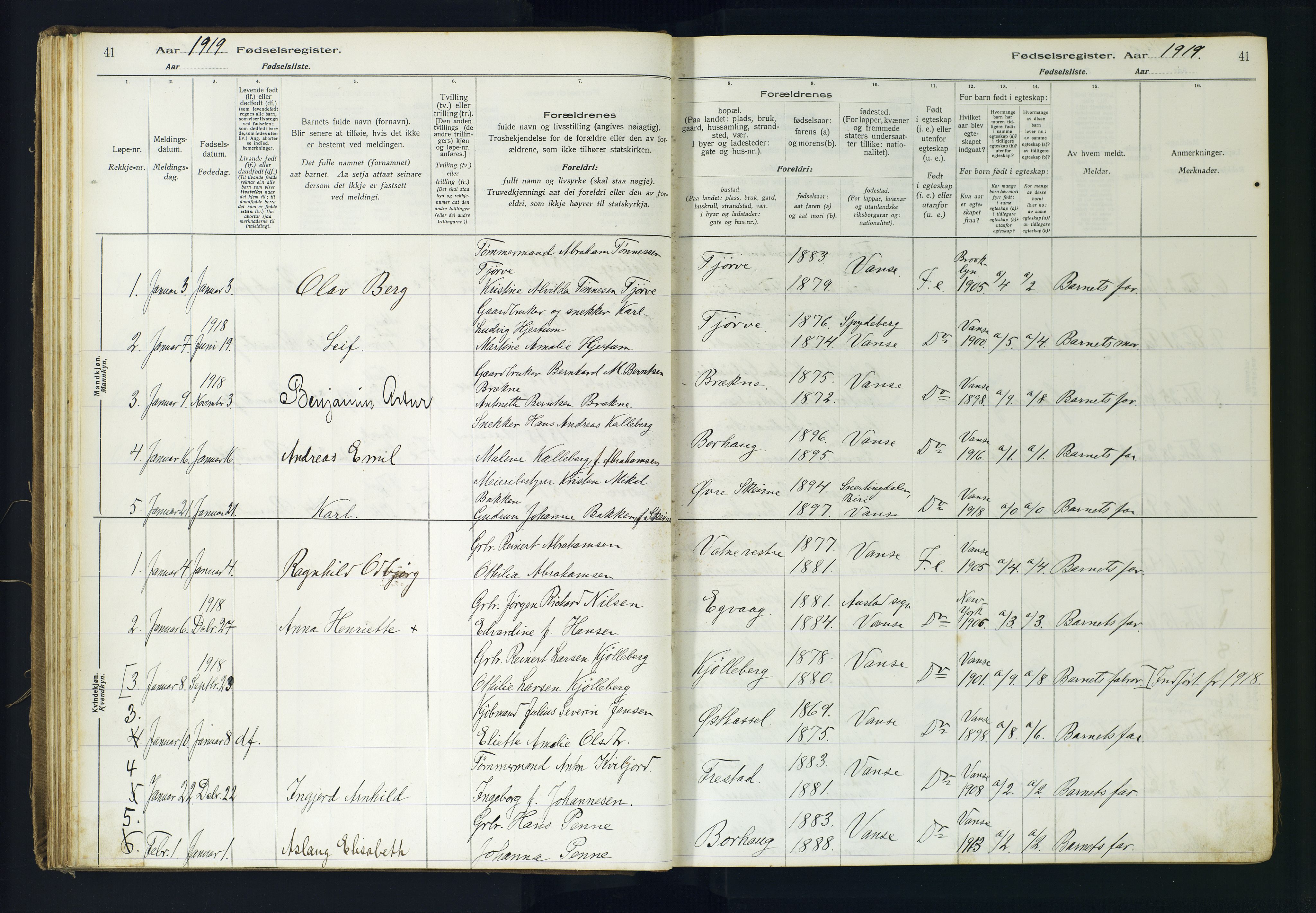 Lista sokneprestkontor, AV/SAK-1111-0027/J/Ja/L0001: Birth register no. A-VI-30, 1916-1934, p. 41