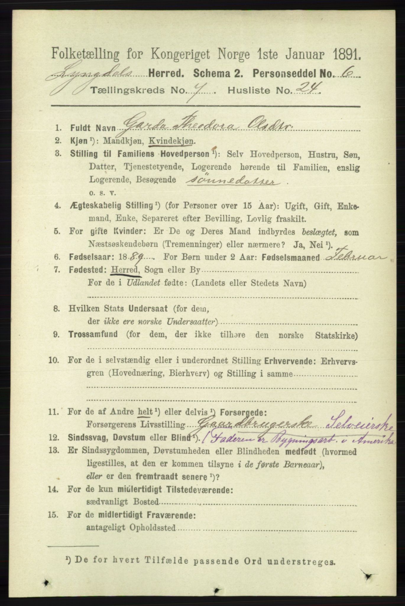 RA, 1891 census for 1032 Lyngdal, 1891, p. 3051