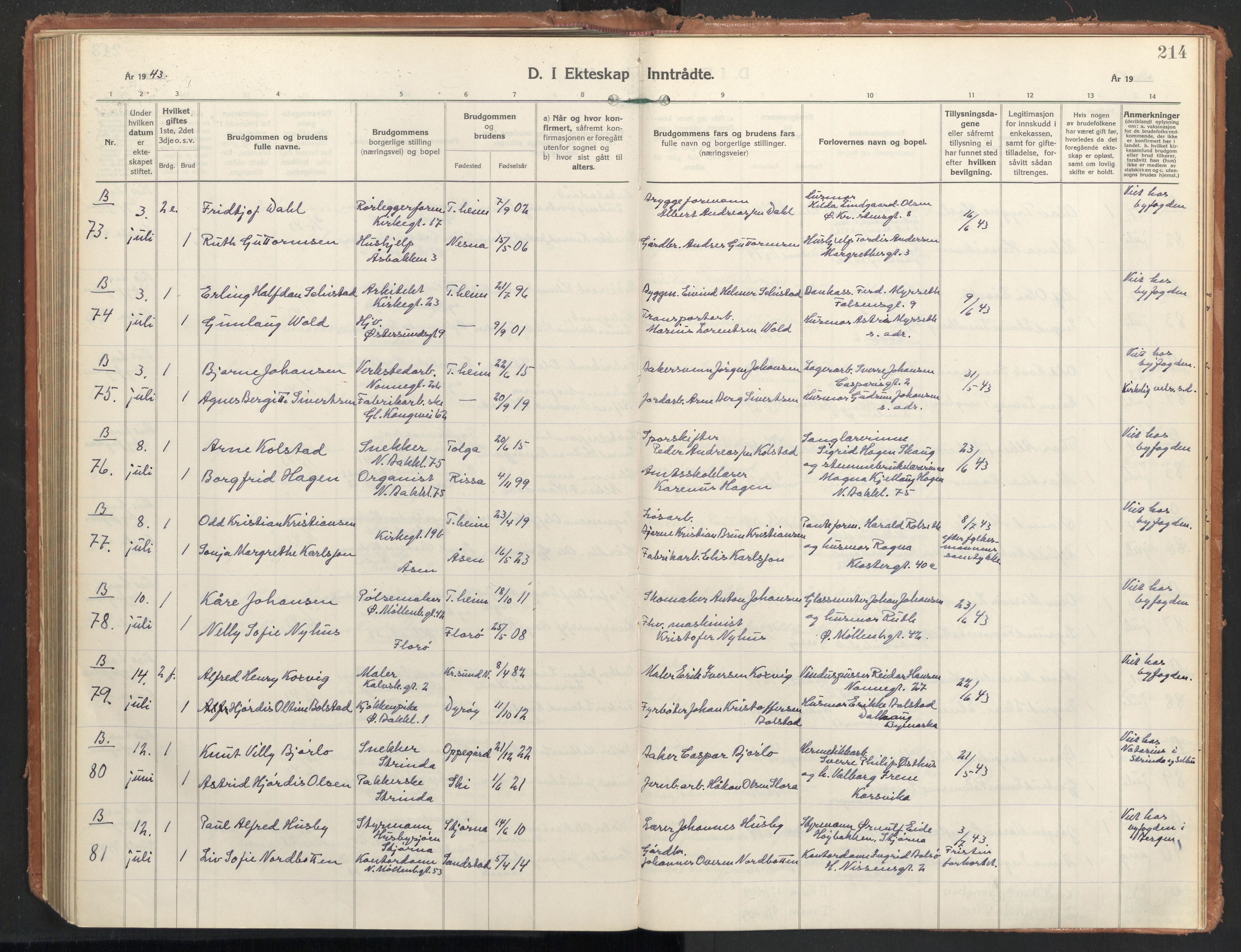 Ministerialprotokoller, klokkerbøker og fødselsregistre - Sør-Trøndelag, AV/SAT-A-1456/604/L0209: Parish register (official) no. 604A29, 1931-1945, p. 214