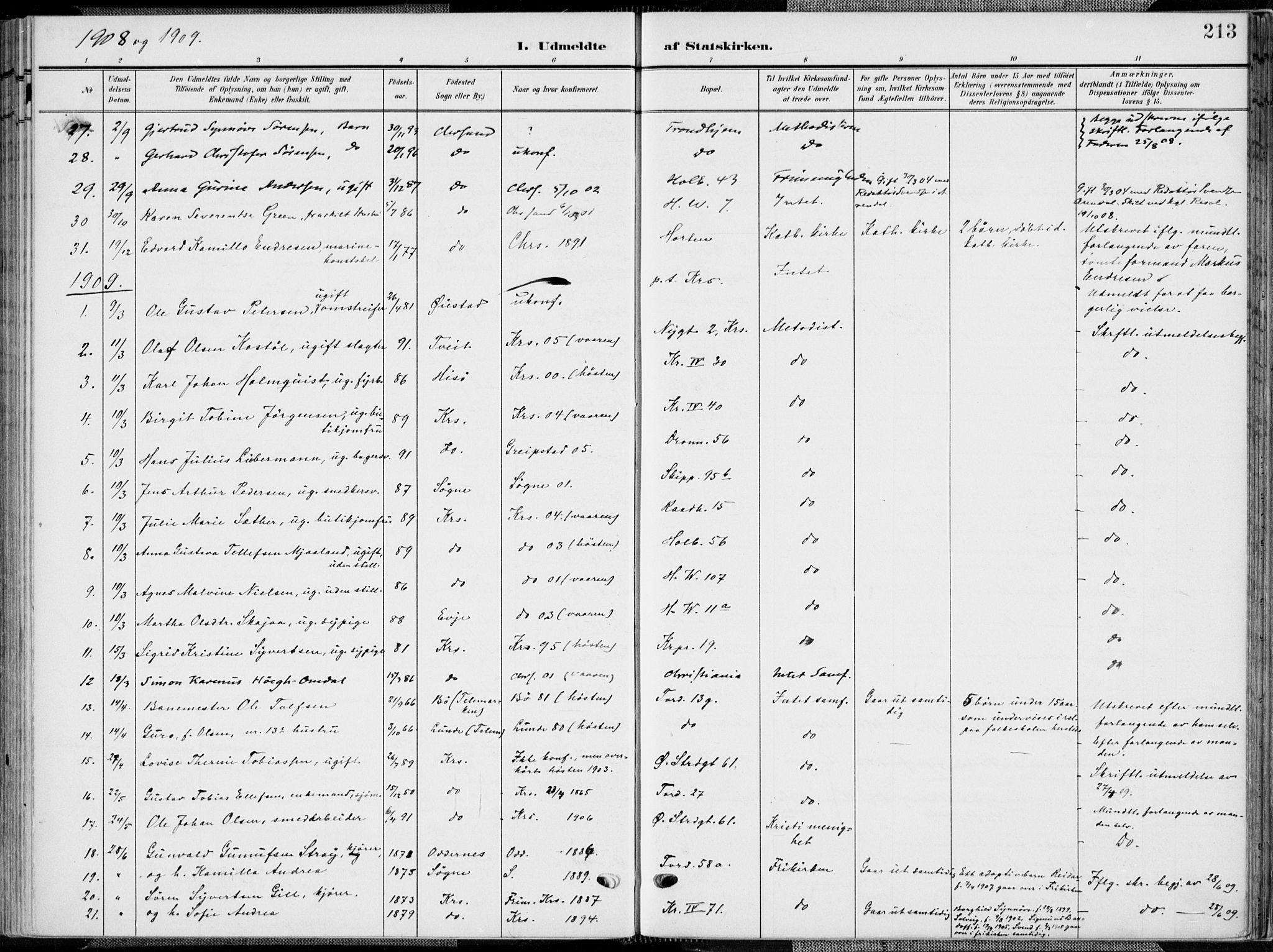 Kristiansand domprosti, SAK/1112-0006/F/Fa/L0022: Parish register (official) no. A 21, 1905-1916, p. 213