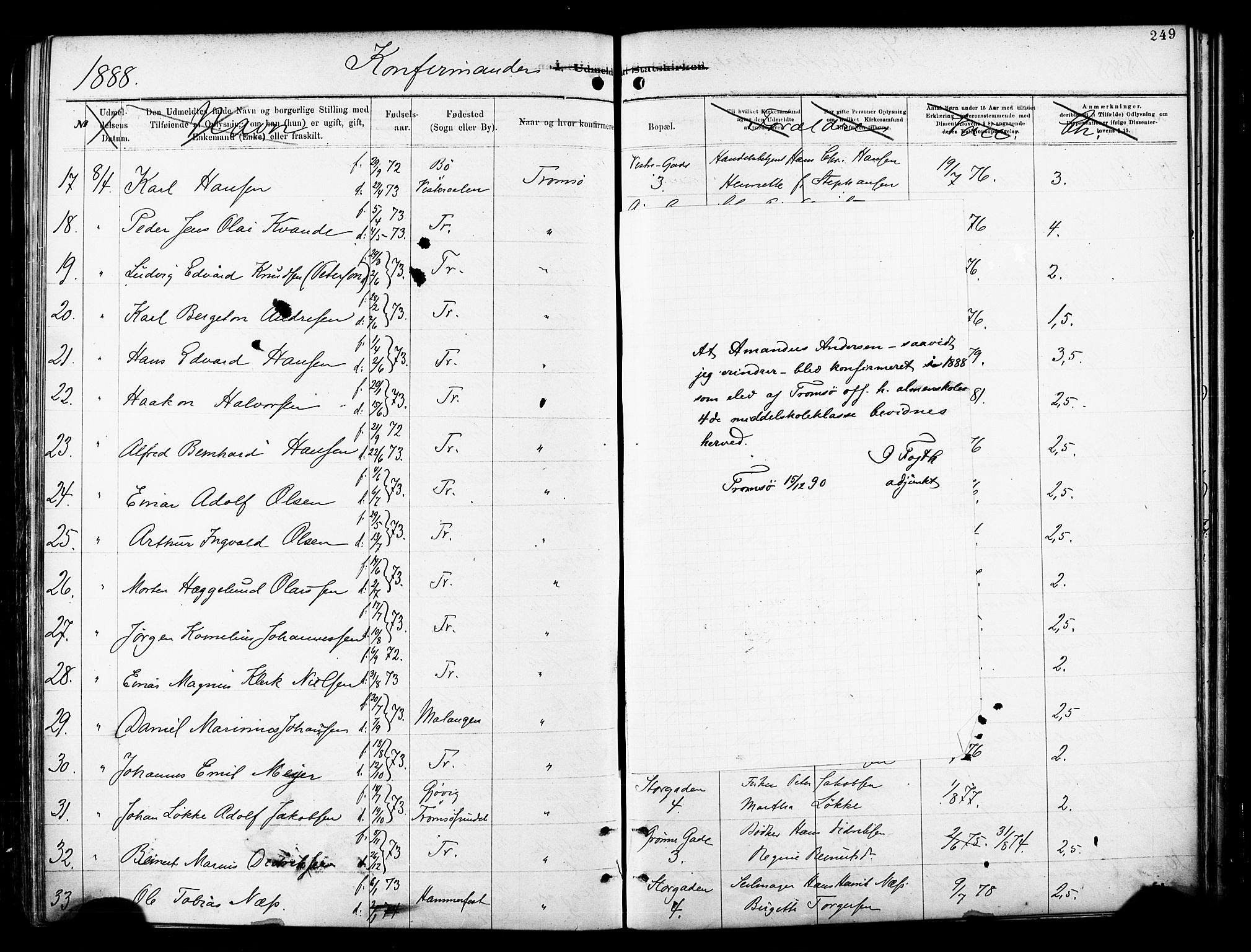 Tromsø sokneprestkontor/stiftsprosti/domprosti, AV/SATØ-S-1343/G/Ga/L0014kirke: Parish register (official) no. 14, 1878-1888, p. 249