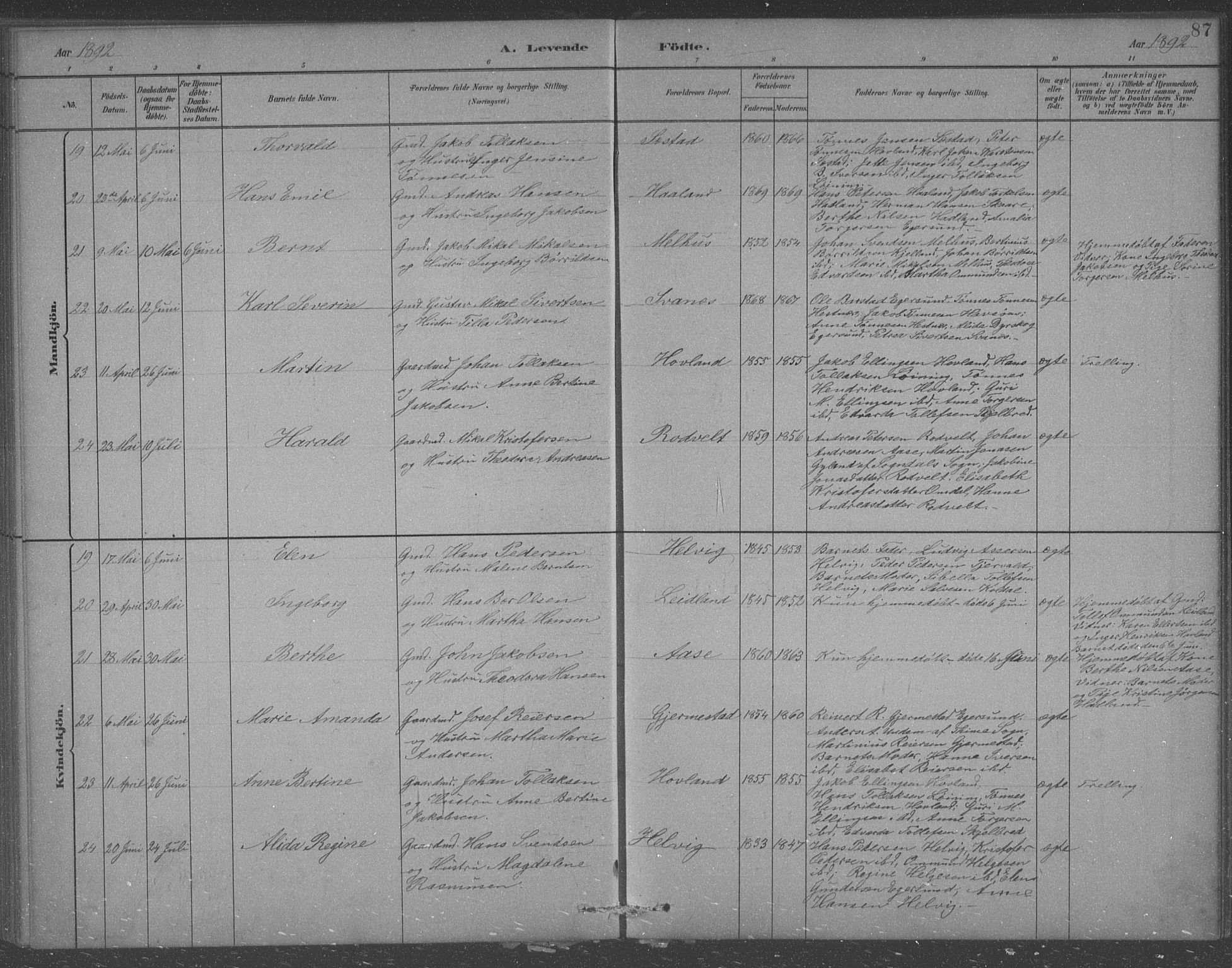 Eigersund sokneprestkontor, AV/SAST-A-101807/S09/L0007: Parish register (copy) no. B 7, 1882-1892, p. 87