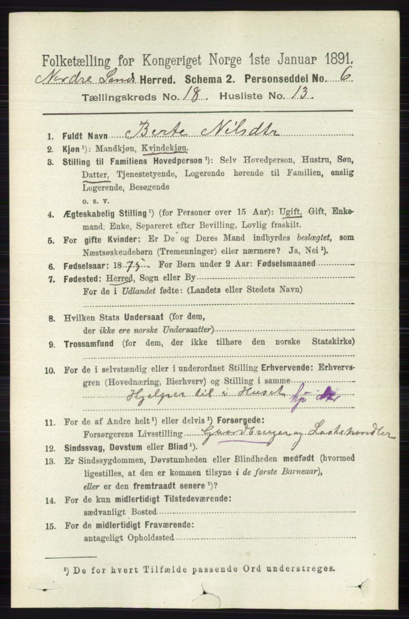 RA, 1891 census for 0538 Nordre Land, 1891, p. 4468