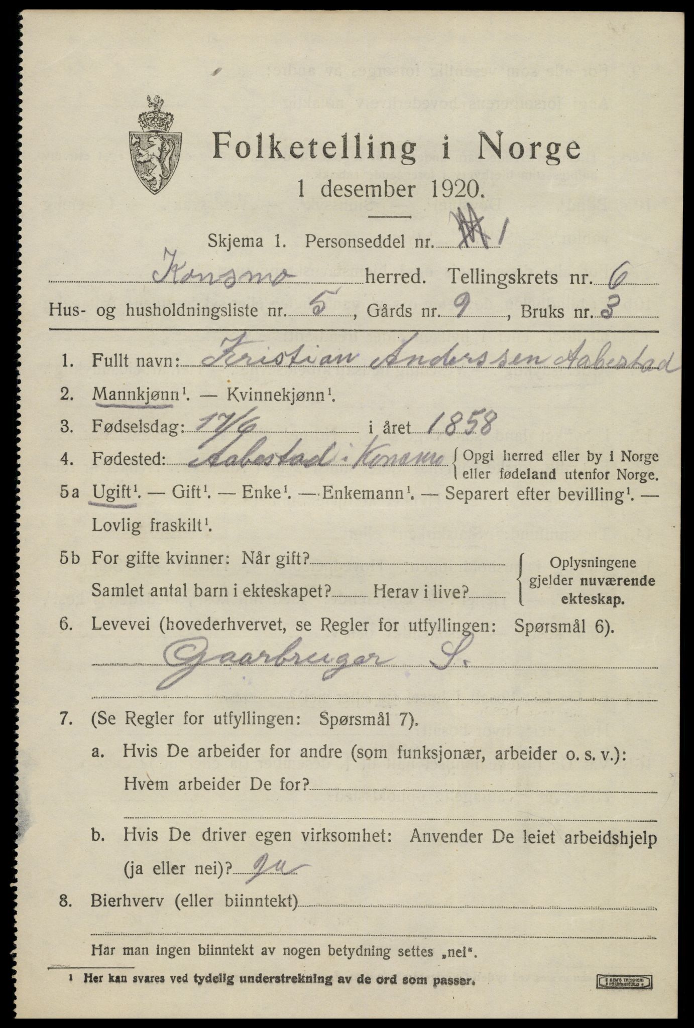 SAK, 1920 census for Konsmo, 1920, p. 1414