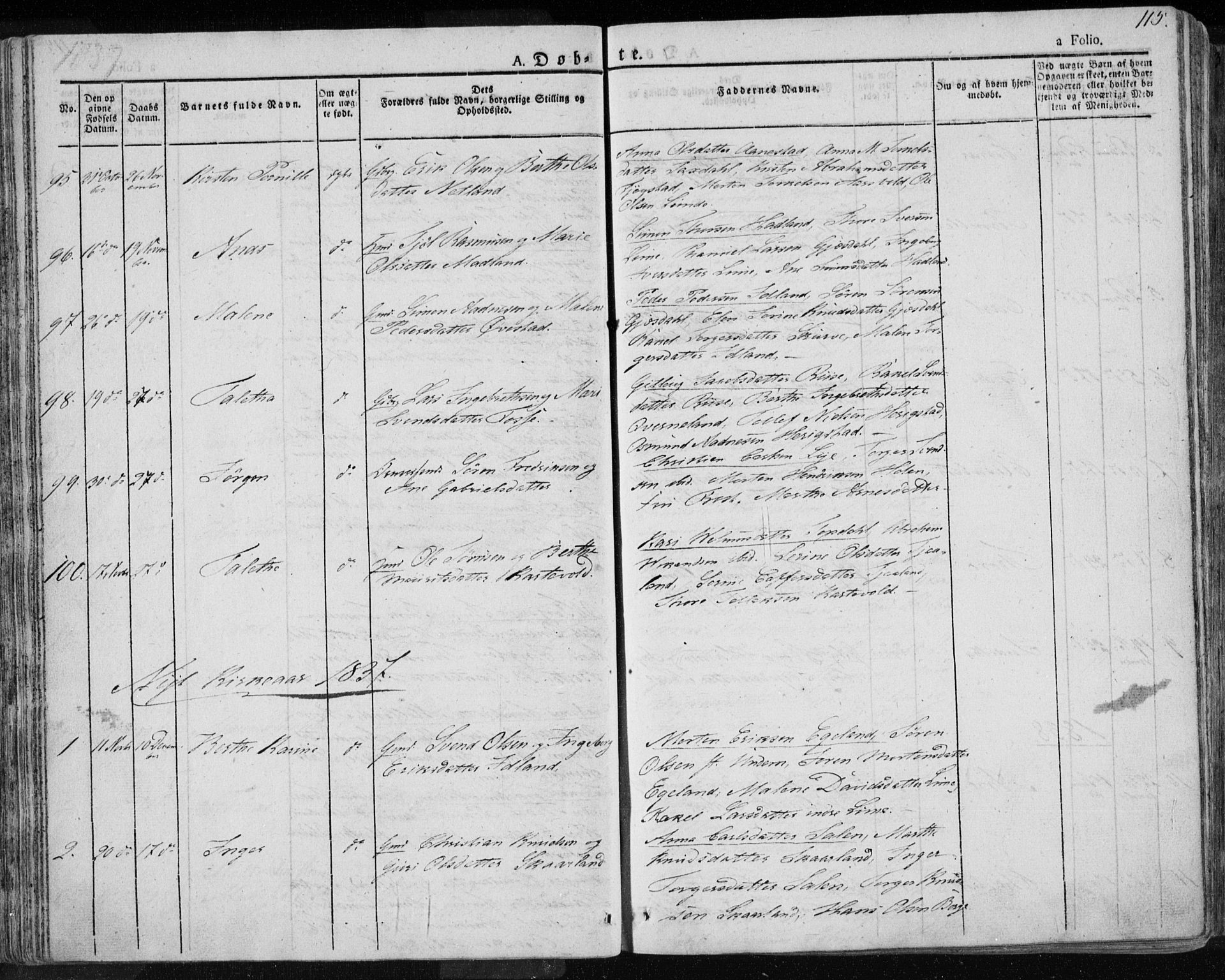 Lye sokneprestkontor, SAST/A-101794/001/30BA/L0004: Parish register (official) no. A 4, 1826-1841, p. 115