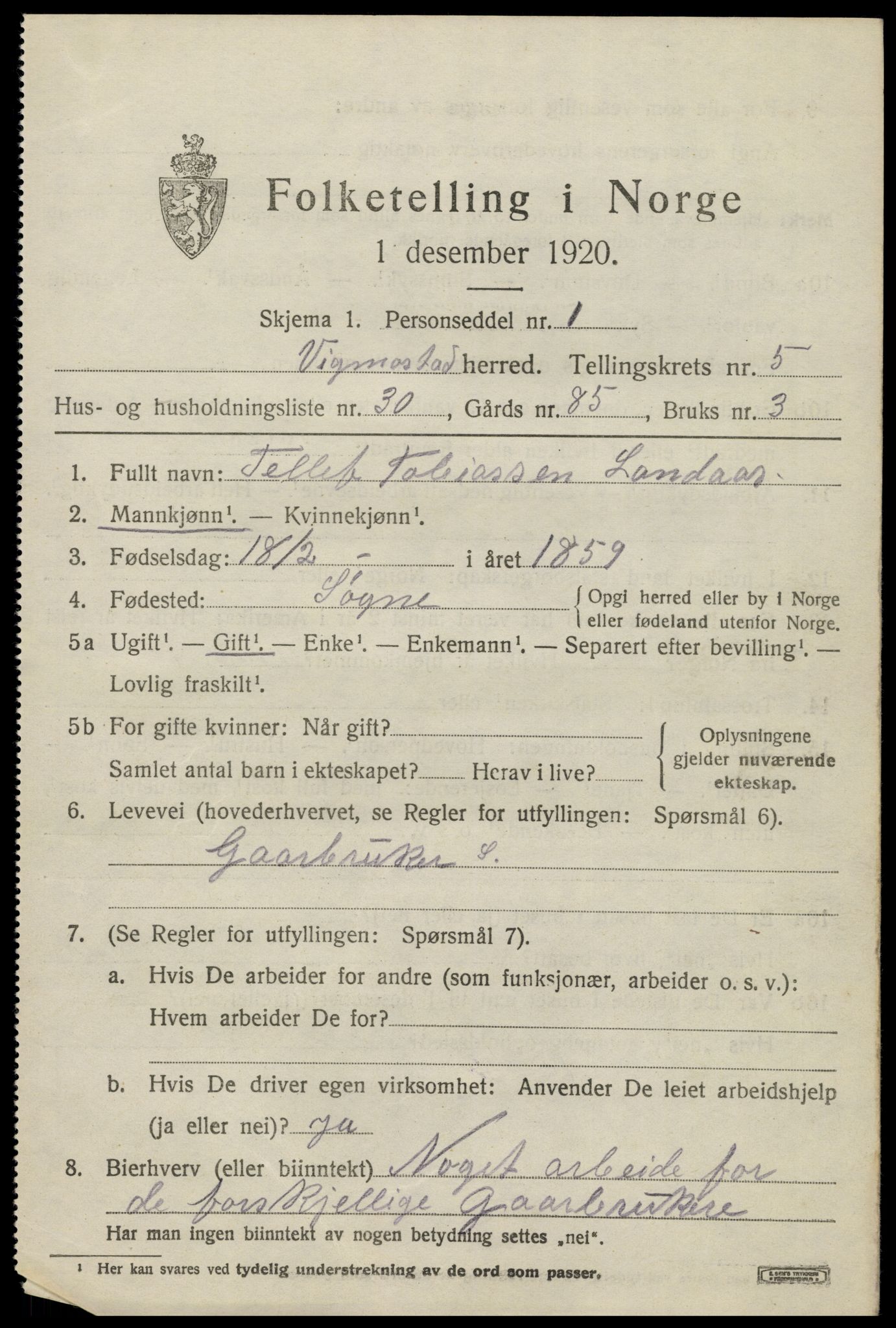 SAK, 1920 census for Vigmostad, 1920, p. 1933