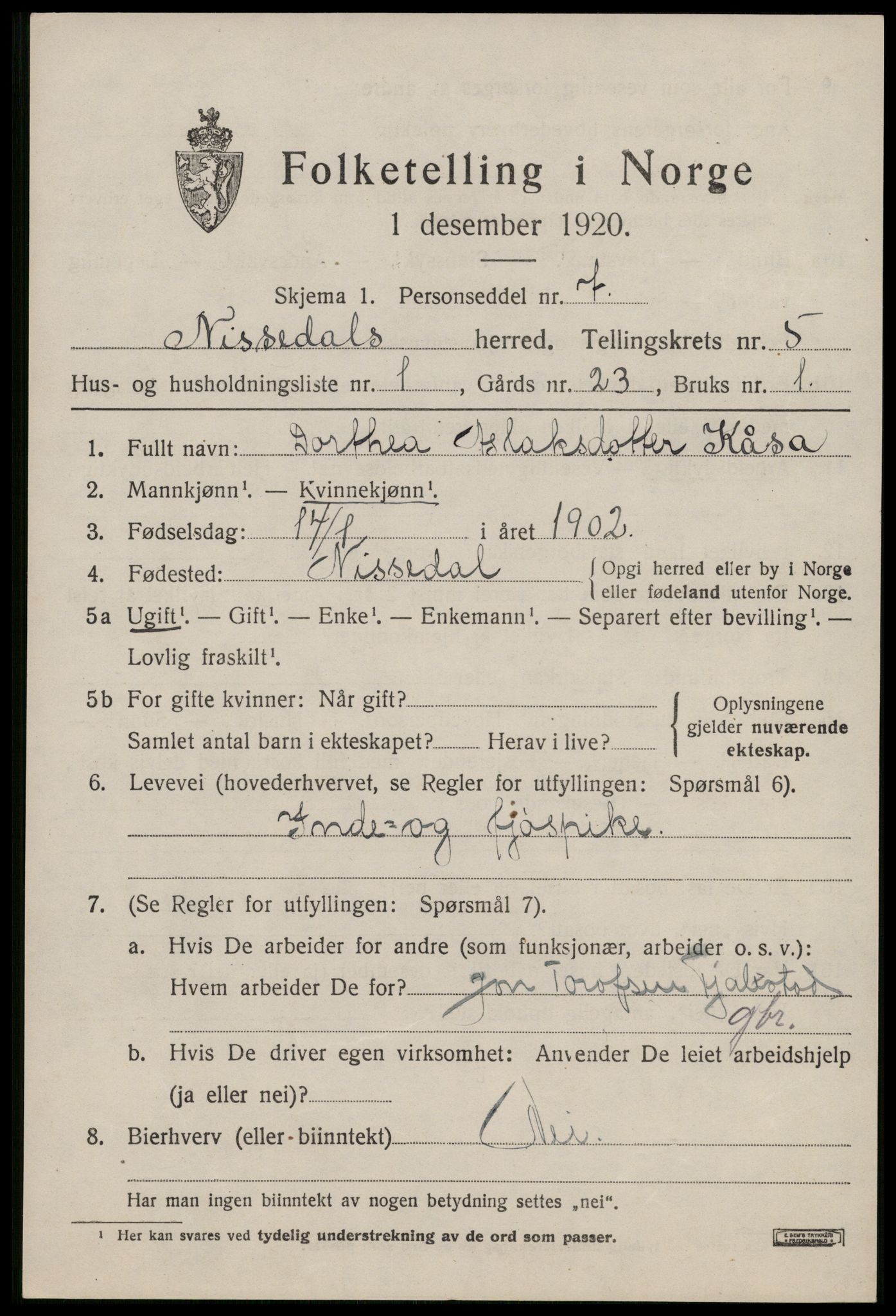 SAKO, 1920 census for Nissedal, 1920, p. 2043