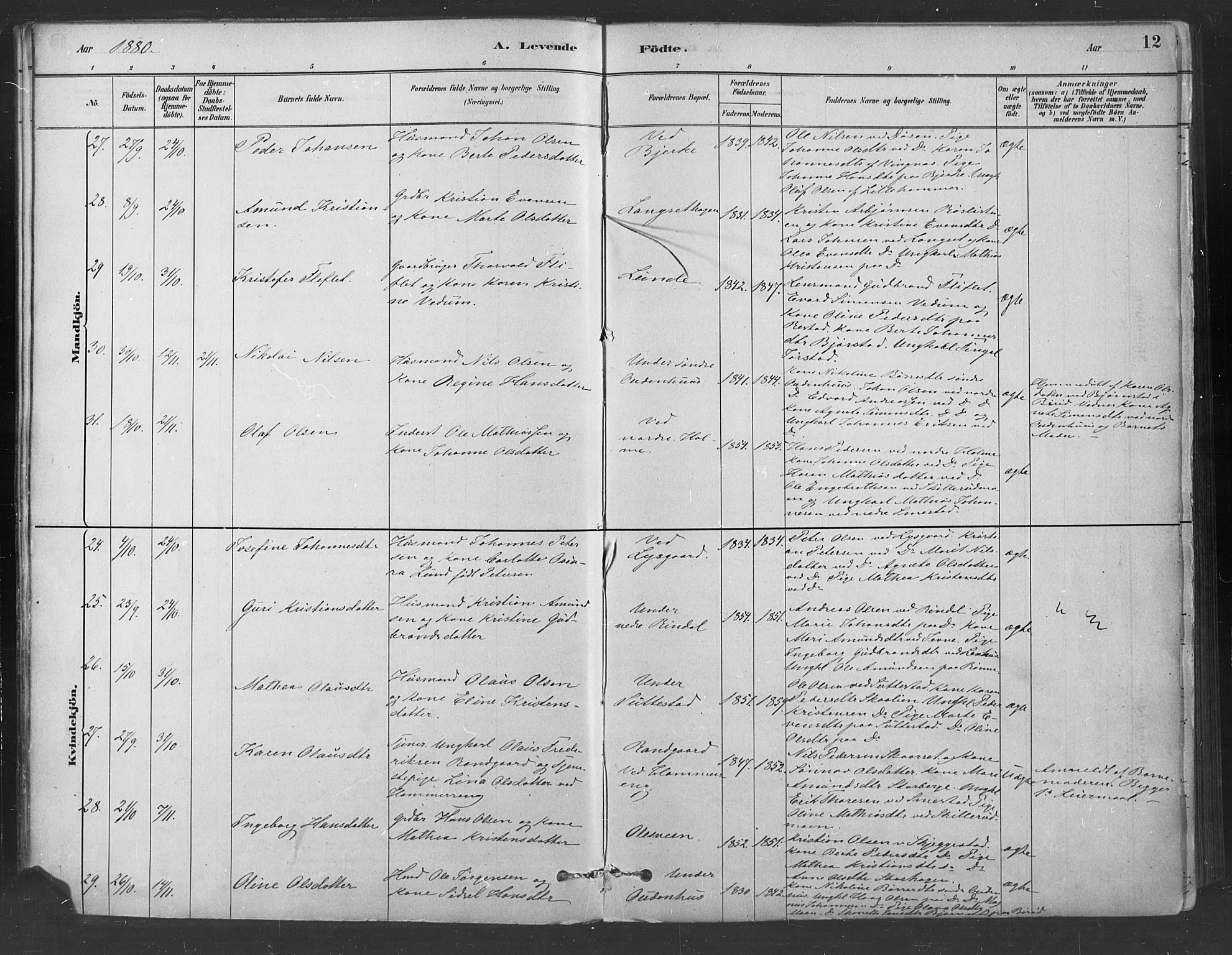 Fåberg prestekontor, SAH/PREST-086/H/Ha/Haa/L0009: Parish register (official) no. 9, 1879-1898, p. 12