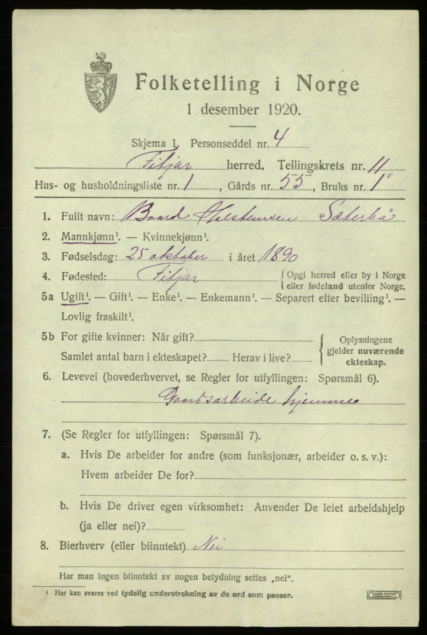 SAB, 1920 census for Fitjar, 1920, p. 4314