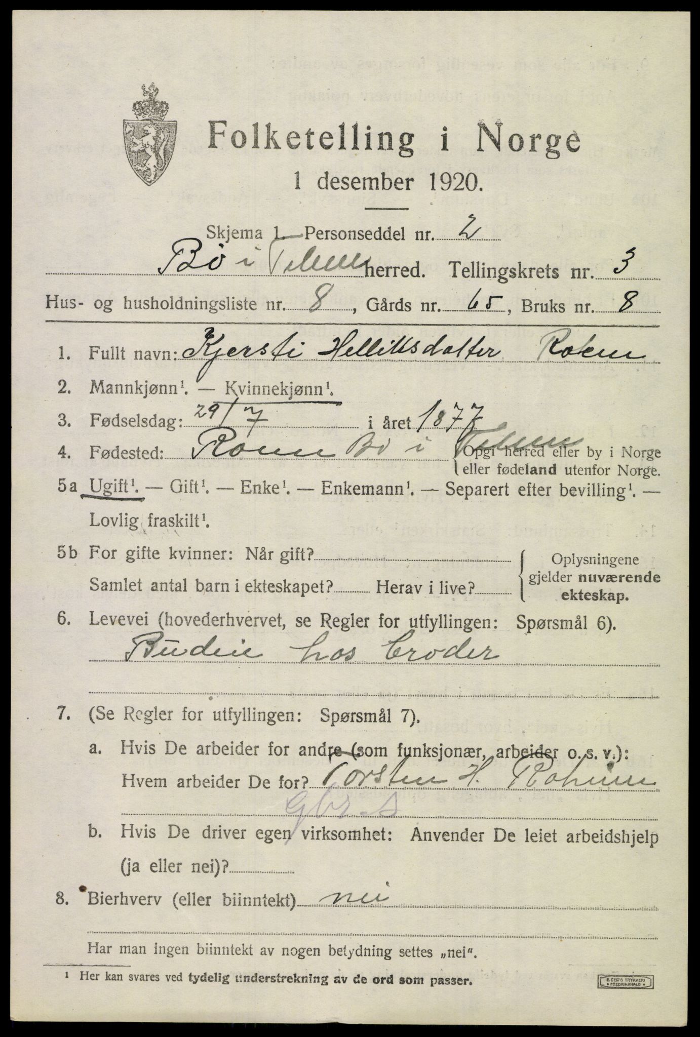 SAKO, 1920 census for Bø (Telemark), 1920, p. 2738