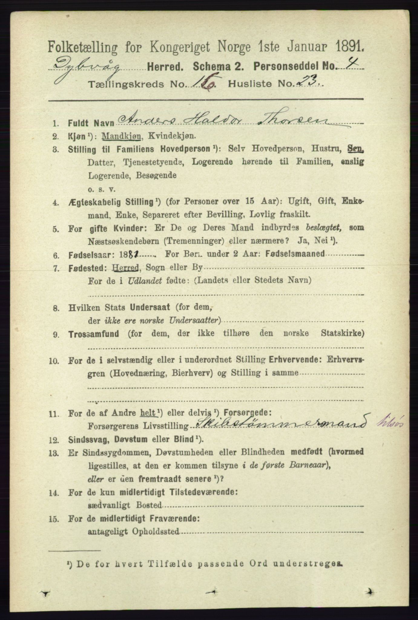 RA, 1891 census for 0915 Dypvåg, 1891, p. 6546