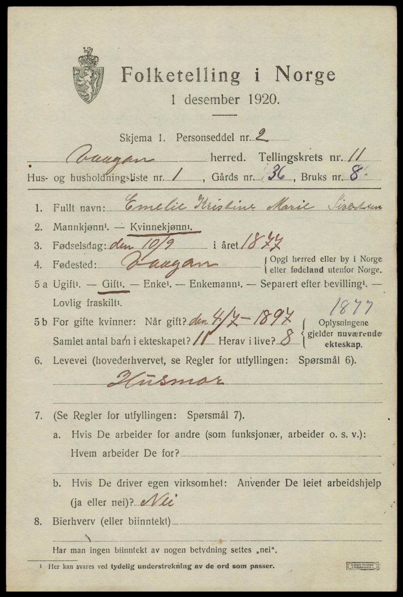 SAT, 1920 census for Vågan, 1920, p. 9507