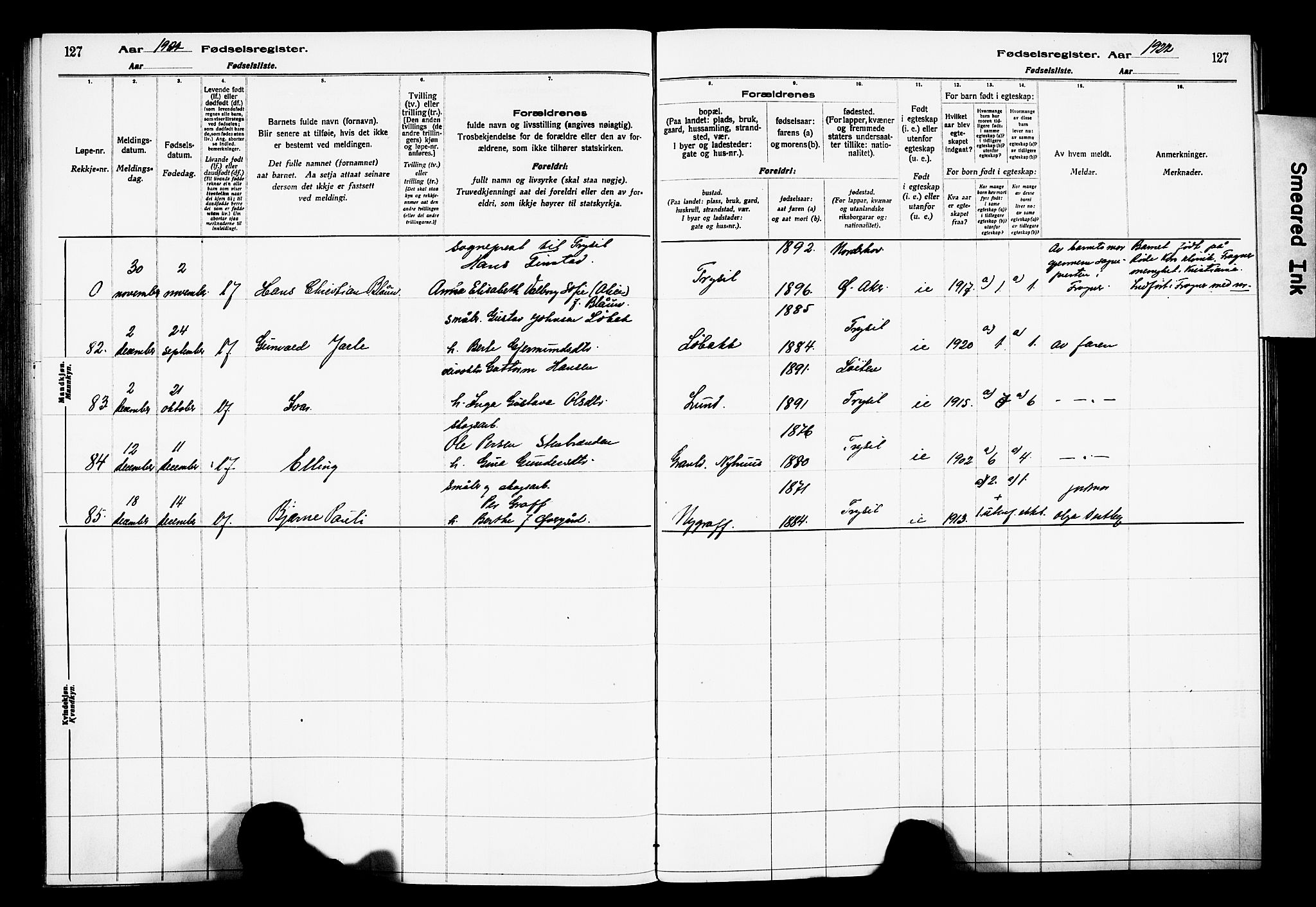 Trysil prestekontor, AV/SAH-PREST-046/I/Id/Ida/L0001: Birth register no. I 1, 1916-1927, p. 127