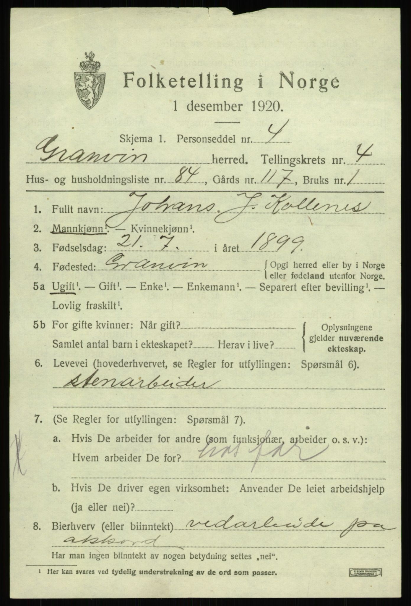 SAB, 1920 census for Granvin, 1920, p. 2352