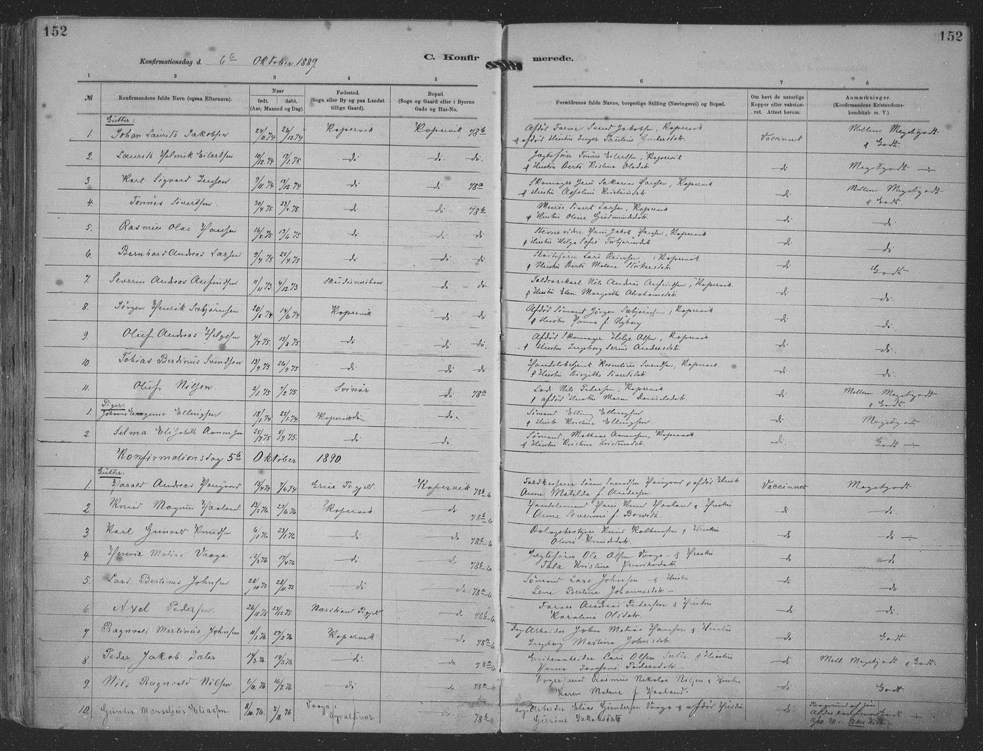 Kopervik sokneprestkontor, SAST/A-101850/H/Ha/Haa/L0001: Parish register (official) no. A 1, 1880-1919, p. 152