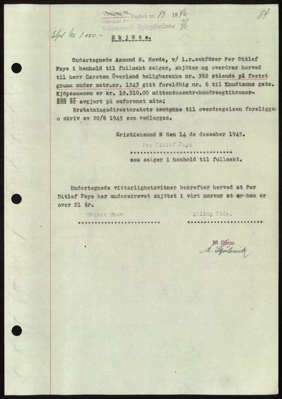 Kristiansund byfogd, AV/SAT-A-4587/A/27: Mortgage book no. 39b, 1946-1947, Diary no: : 13/1946