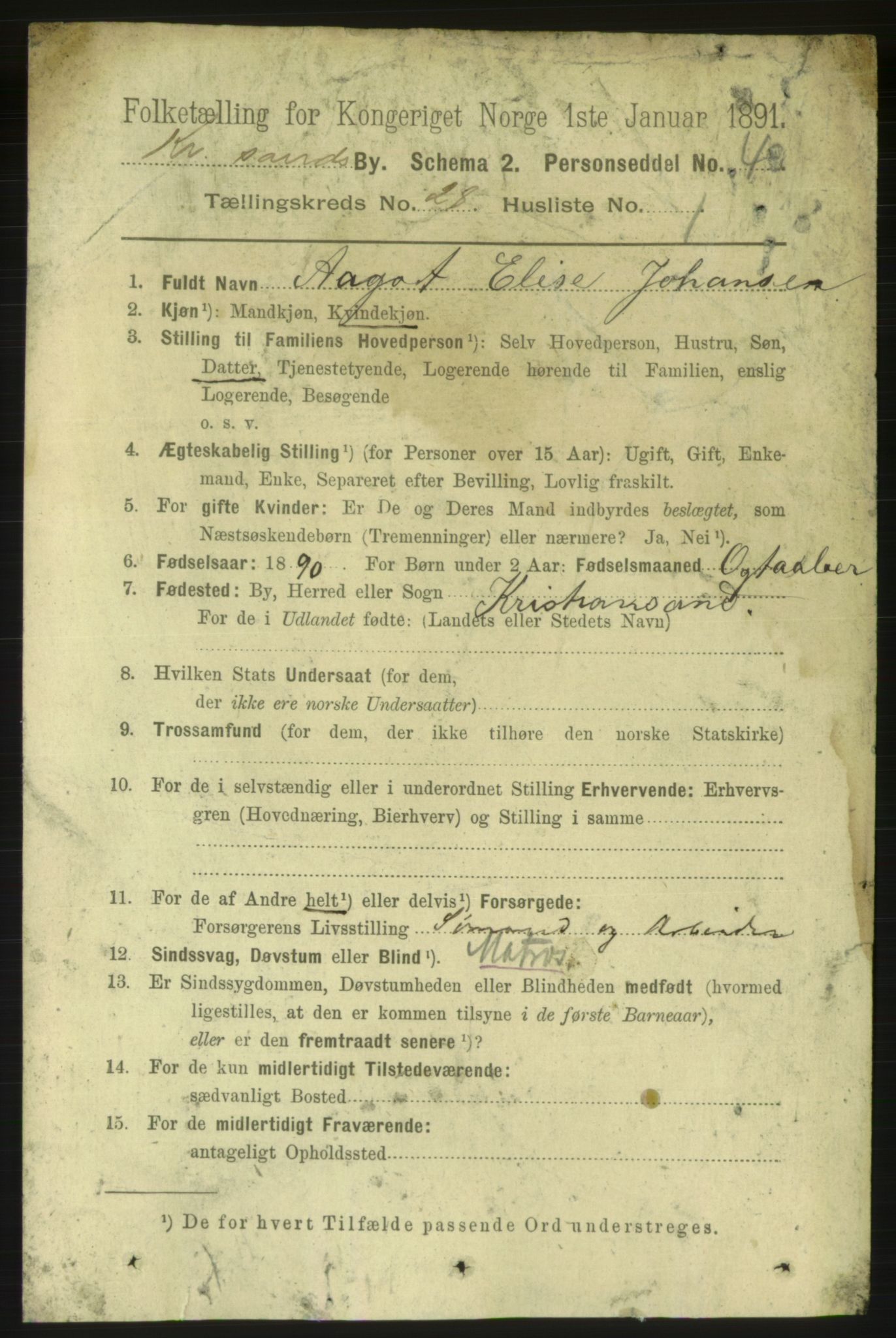 RA, 1891 census for 1001 Kristiansand, 1891, p. 9495