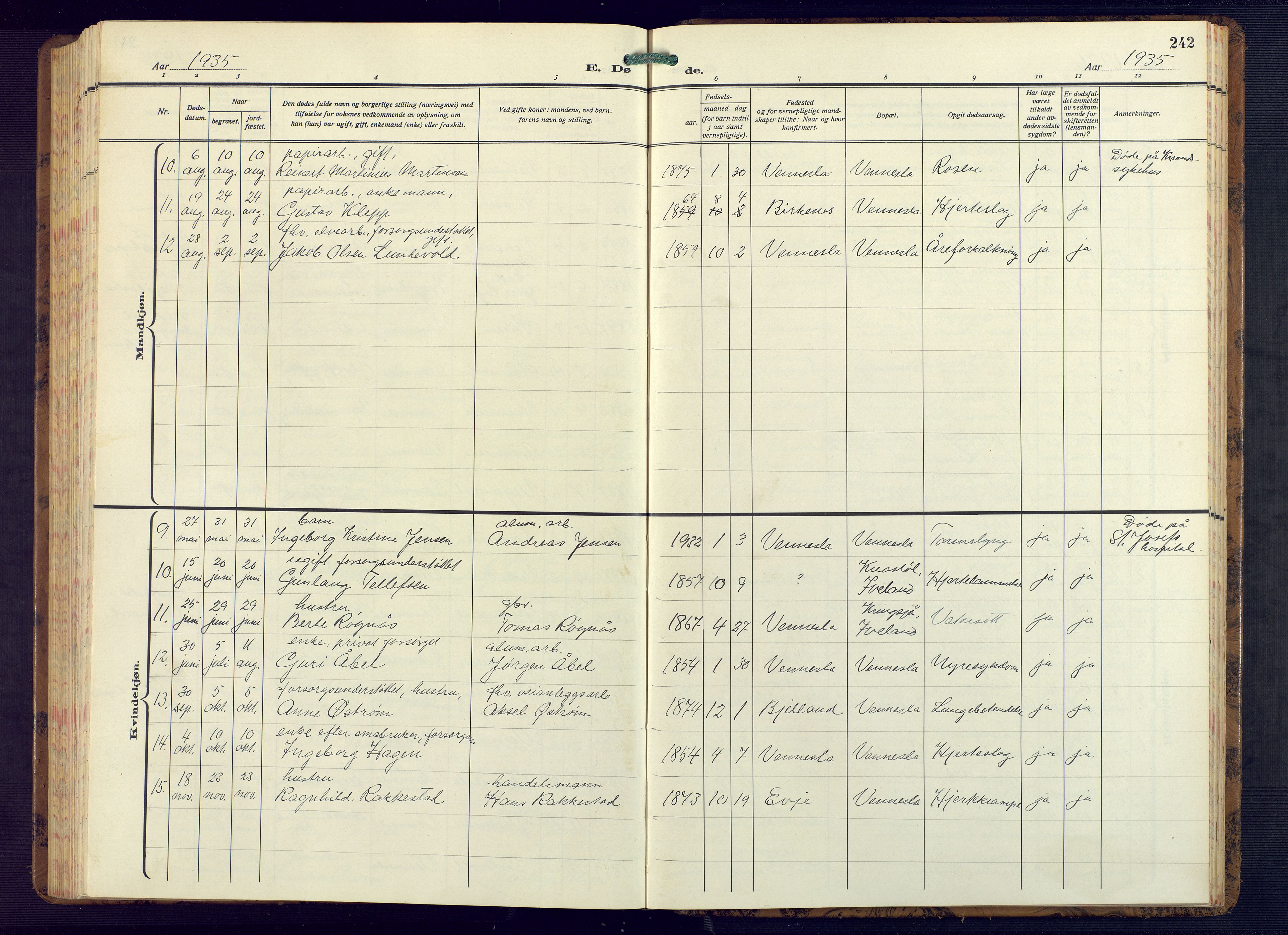 Vennesla sokneprestkontor, AV/SAK-1111-0045/Fb/Fbb/L0008: Parish register (copy) no. B 8, 1934-1947, p. 242