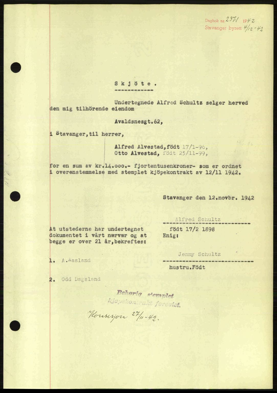 Stavanger byrett, SAST/A-100455/002/G/Gb/L0017: Mortgage book no. A7, 1941-1943, Diary no: : 2371/1942