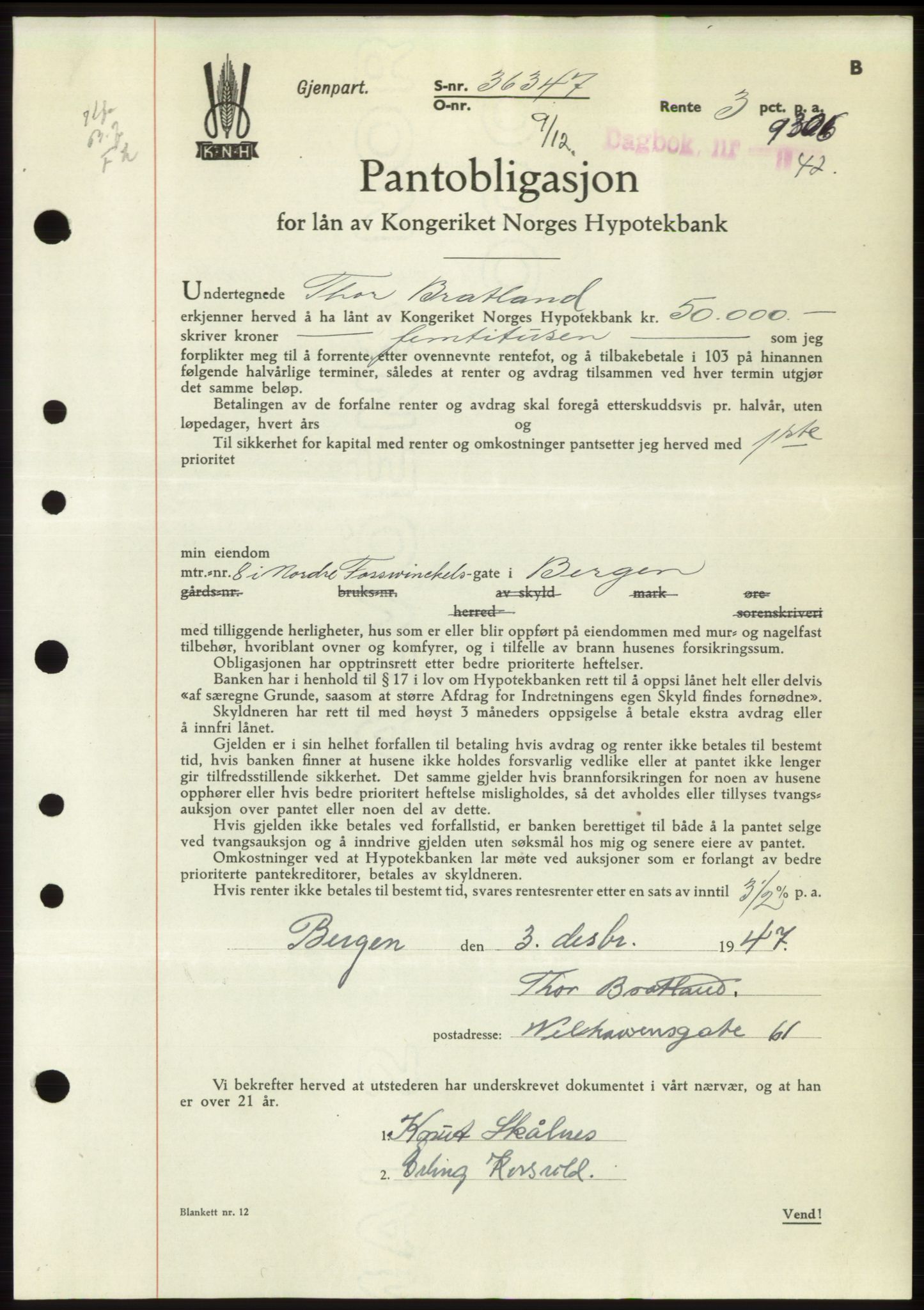 Byfogd og Byskriver i Bergen, AV/SAB-A-3401/03/03Bd/L0003: Mortgage book no. B29-39, 1947-1950, Diary no: : 9306/1947