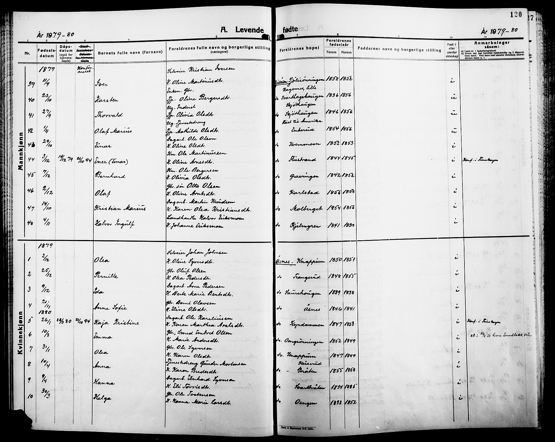 Åsnes prestekontor, AV/SAH-PREST-042/H/Ha/Haa/L0000B: Parish register (official), 1870-1889, p. 120