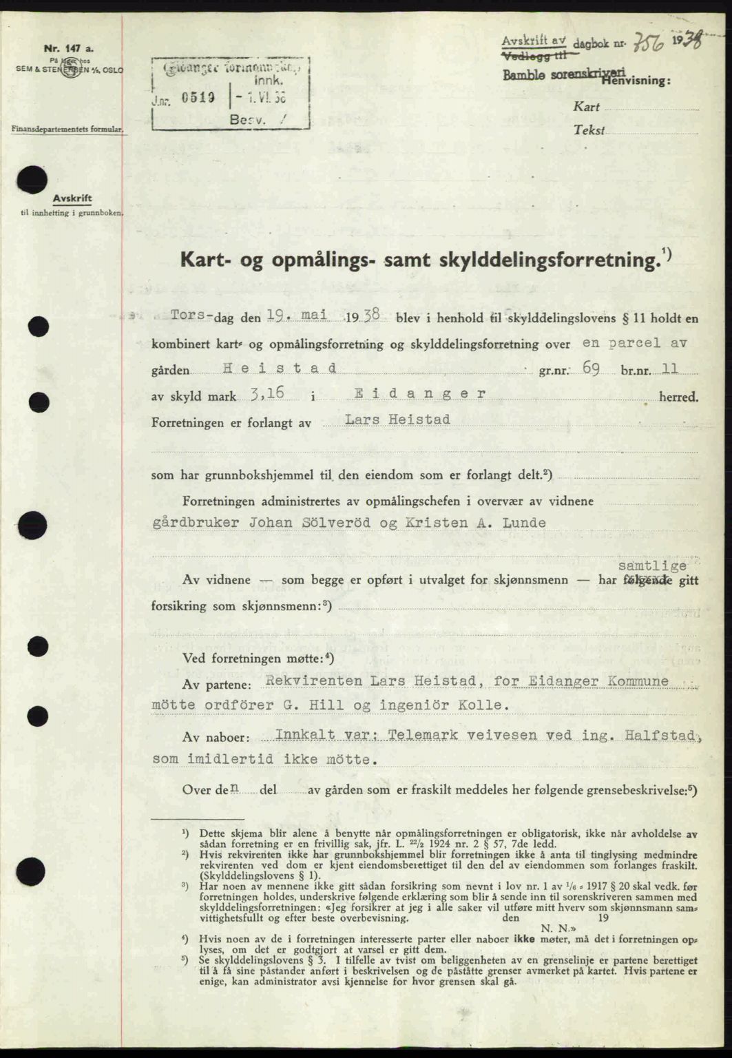 Bamble sorenskriveri, AV/SAKO-A-214/G/Ga/Gag/L0002: Mortgage book no. A-2, 1937-1938, Diary no: : 756/1938