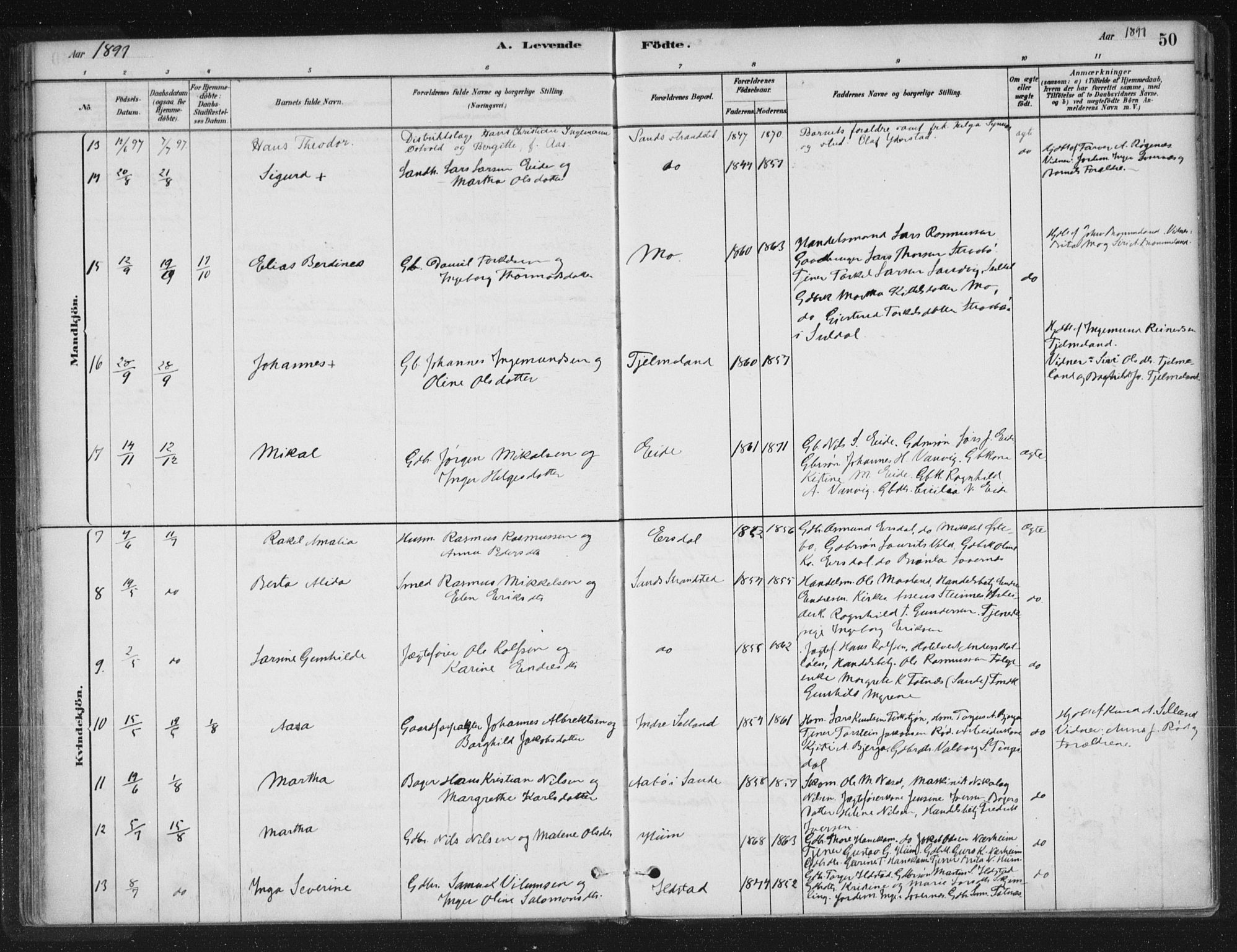 Sand sokneprestkontor, AV/SAST-A-101848/01/III/L0005: Parish register (official) no. A 5, 1880-1898, p. 50