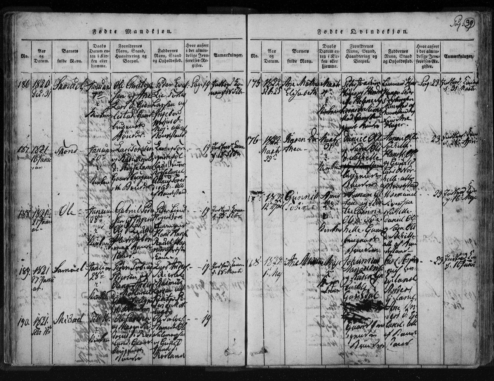 Kvinesdal sokneprestkontor, AV/SAK-1111-0026/F/Fa/Fab/L0003: Parish register (official) no. A 3, 1815-1829, p. 39