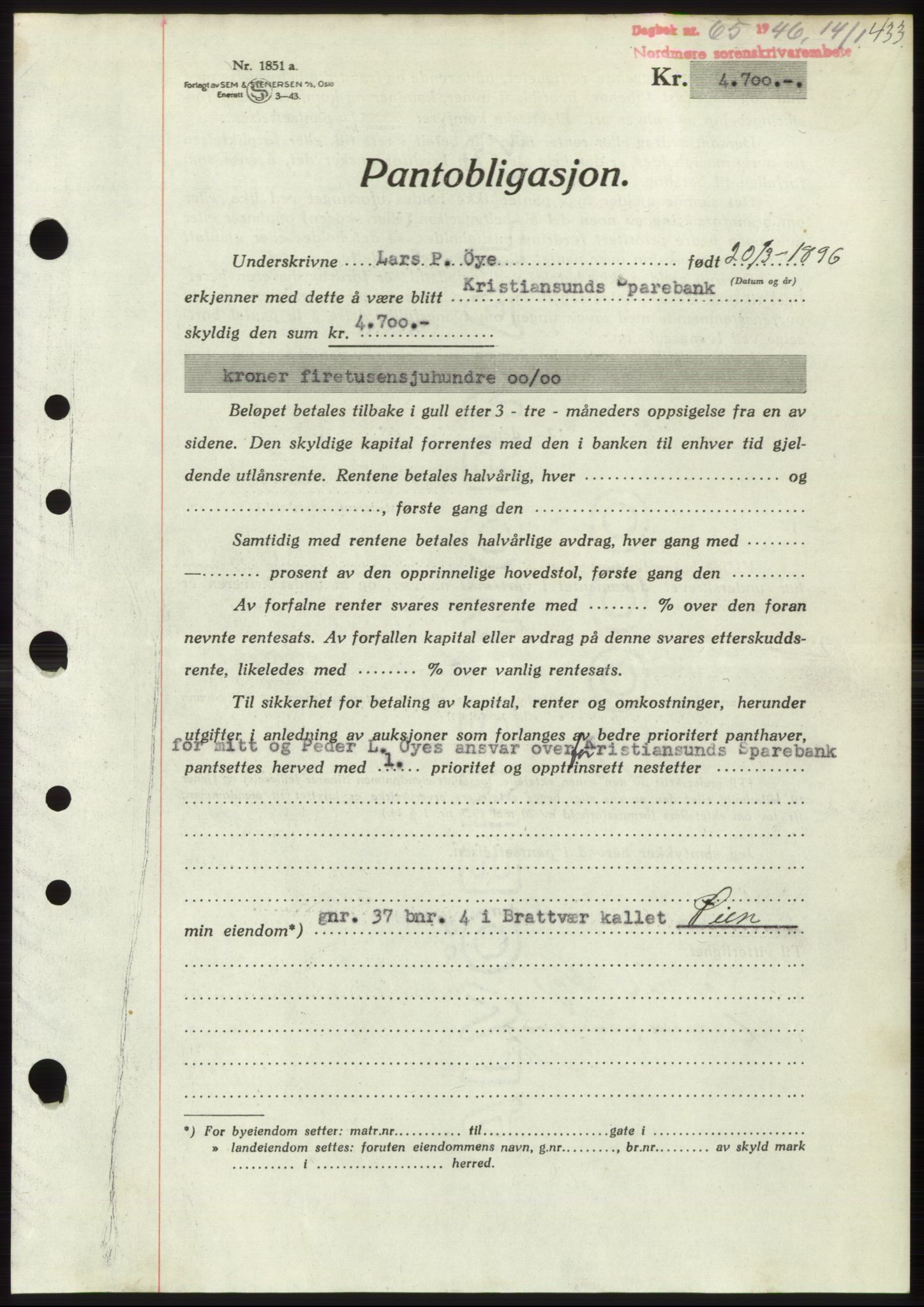 Nordmøre sorenskriveri, AV/SAT-A-4132/1/2/2Ca: Mortgage book no. B93b, 1946-1946, Diary no: : 65/1946