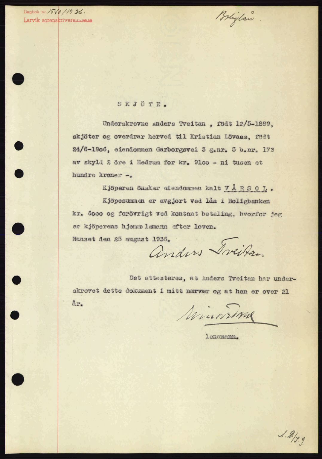 Larvik sorenskriveri, SAKO/A-83/G/Ga/Gab/L0067: Mortgage book no. A-1, 1936-1937, Diary no: : 1540/1936