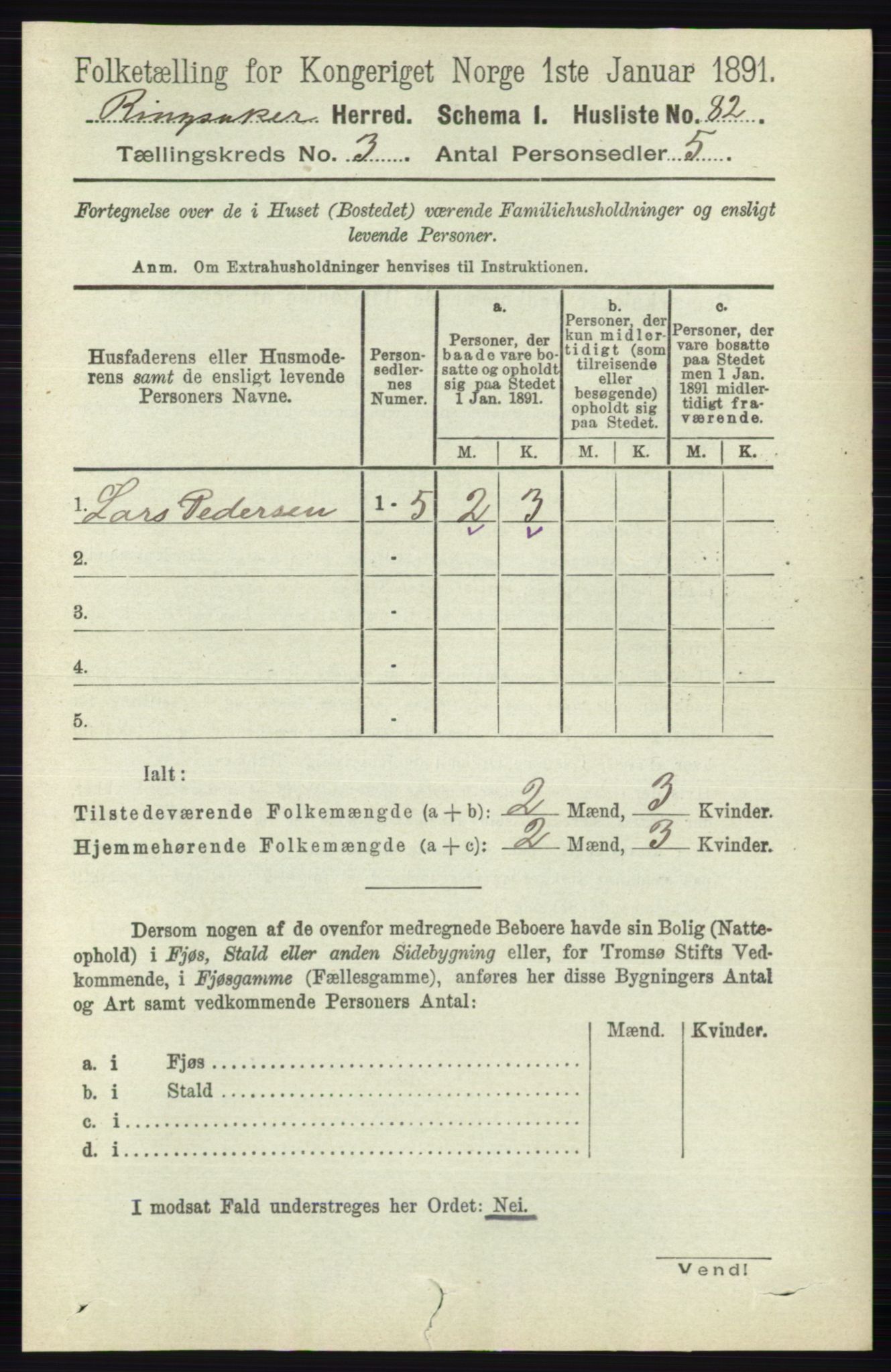 RA, 1891 census for 0412 Ringsaker, 1891, p. 1243