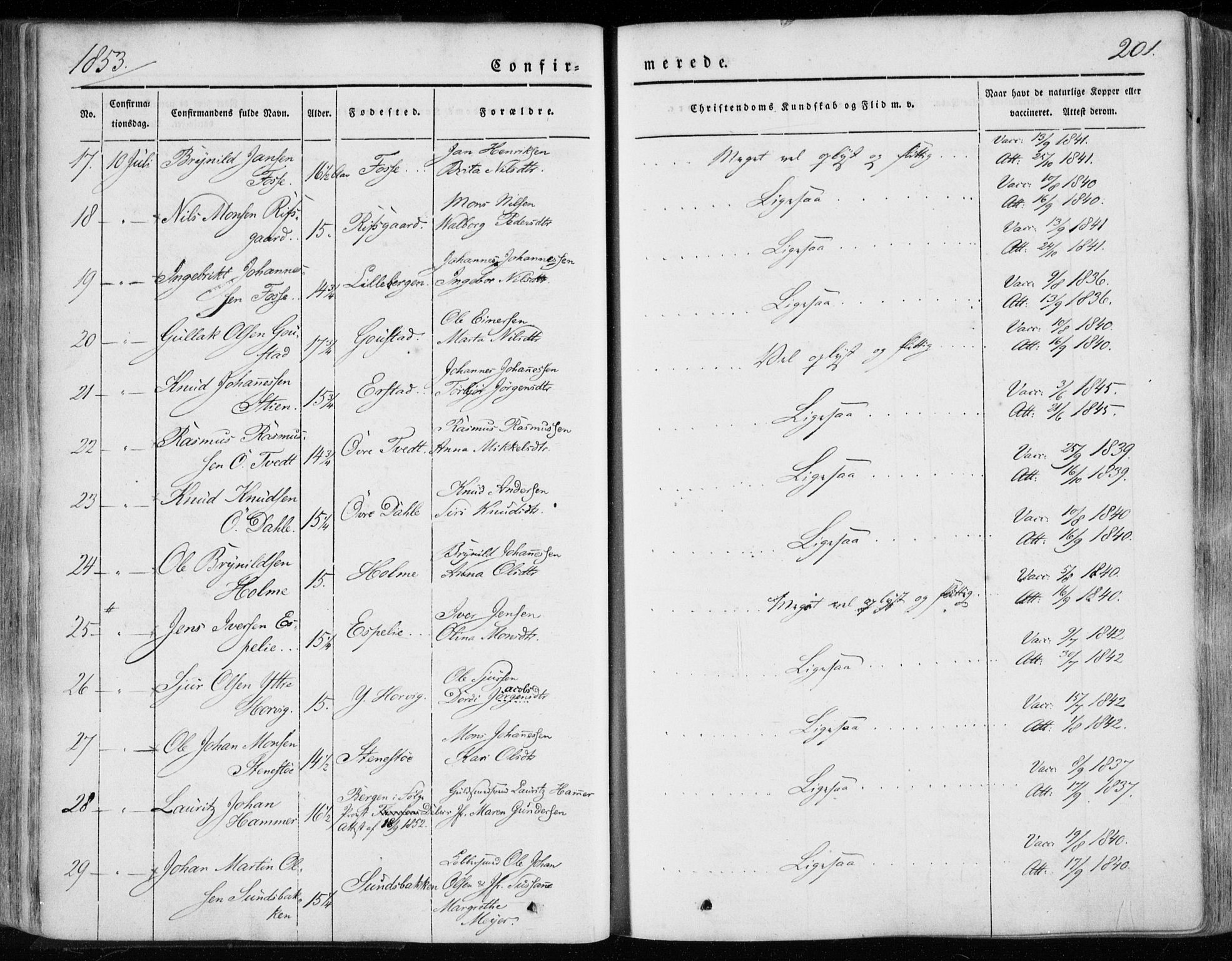 Hamre sokneprestembete, AV/SAB-A-75501/H/Ha/Haa/Haaa/L0013: Parish register (official) no. A 13, 1846-1857, p. 201