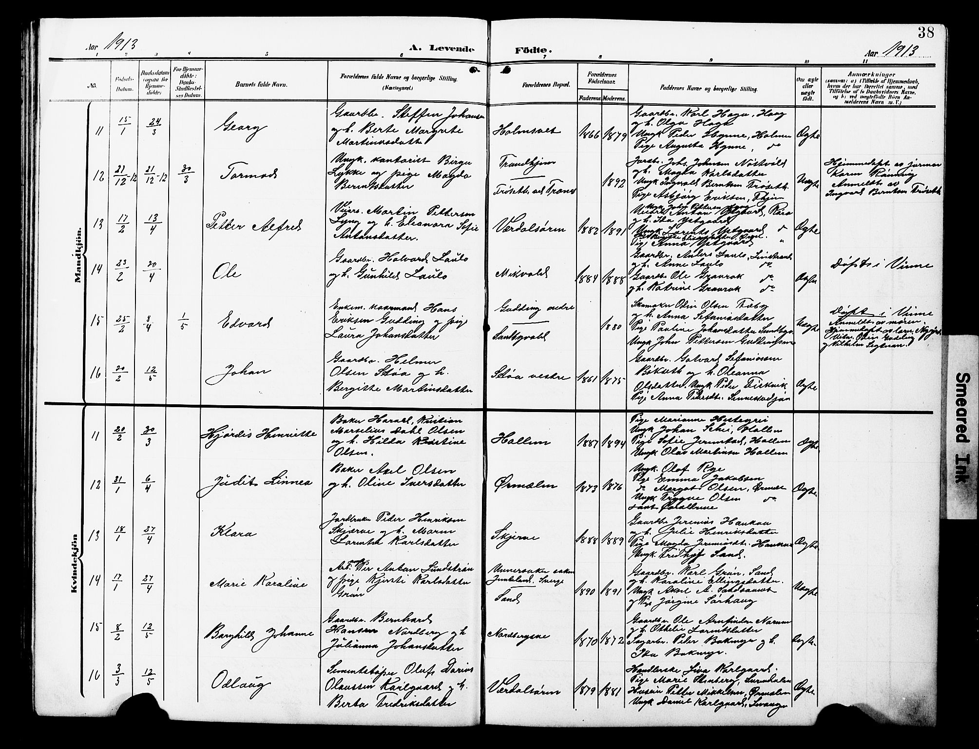 Ministerialprotokoller, klokkerbøker og fødselsregistre - Nord-Trøndelag, SAT/A-1458/723/L0258: Parish register (copy) no. 723C06, 1908-1927, p. 38
