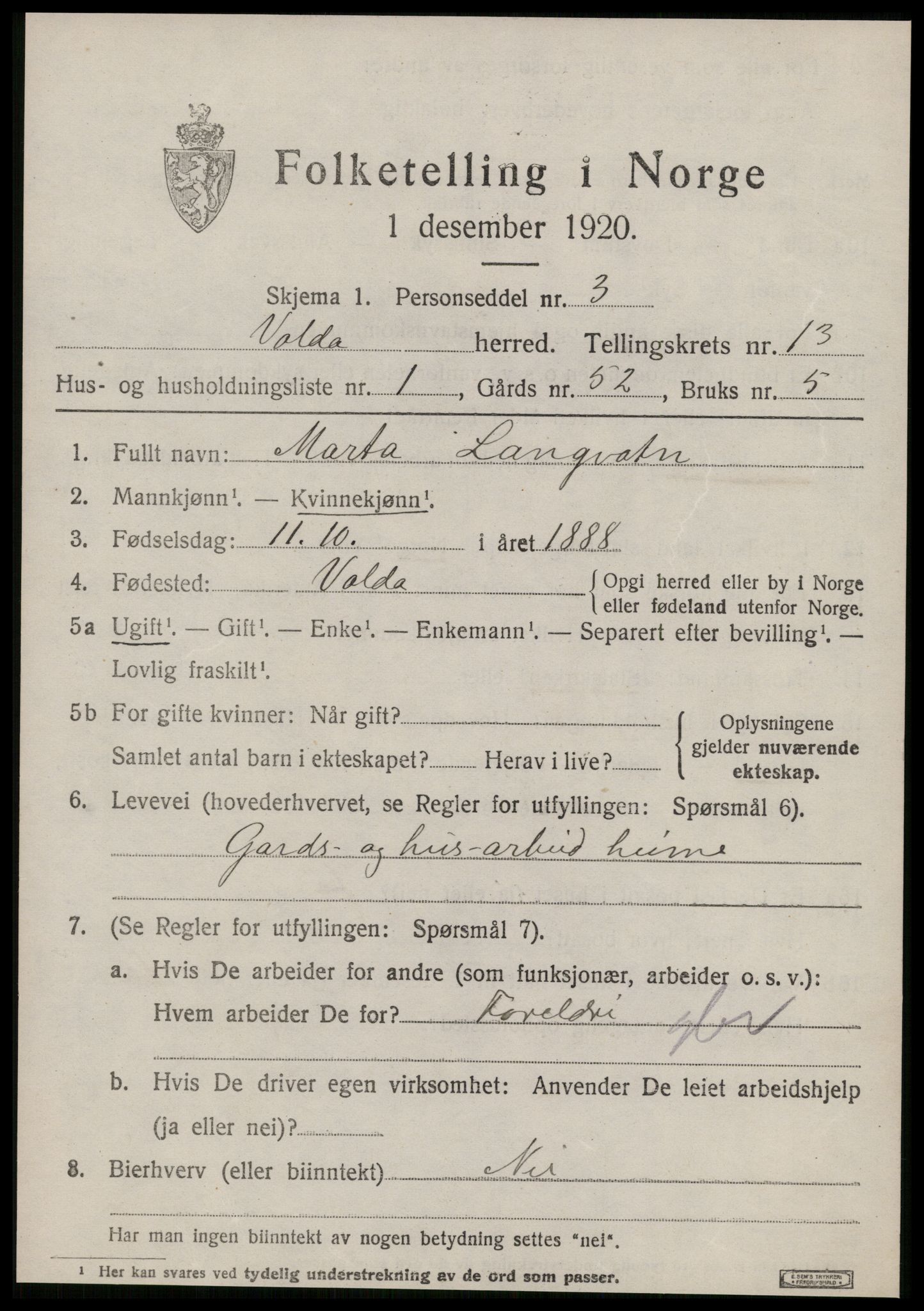 SAT, 1920 census for Volda, 1920, p. 8360