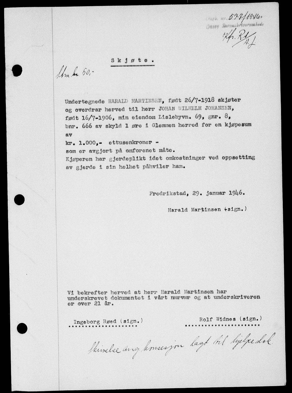 Onsøy sorenskriveri, SAO/A-10474/G/Ga/Gab/L0015: Mortgage book no. II A-15, 1945-1946, Diary no: : 577/1946