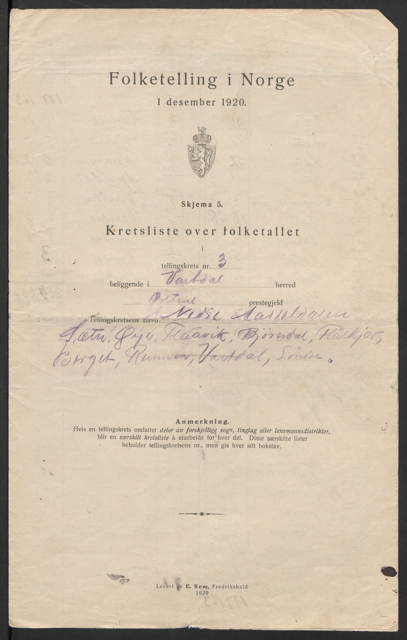 SAT, 1920 census for Vartdal, 1920, p. 15