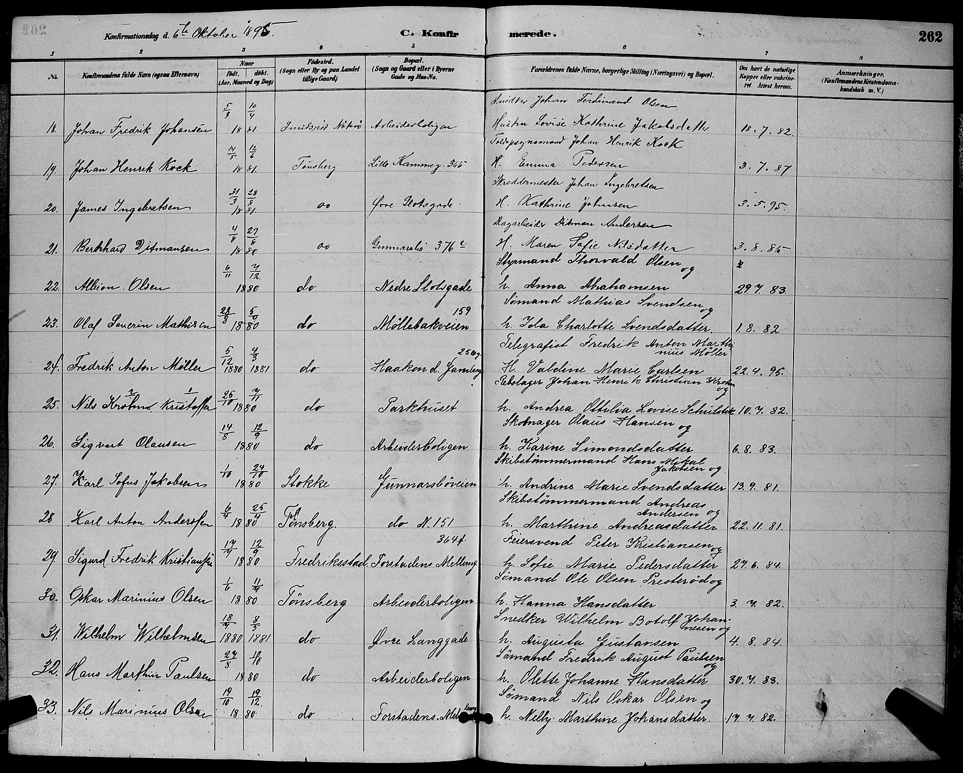 Tønsberg kirkebøker, AV/SAKO-A-330/G/Ga/L0006: Parish register (copy) no. 6, 1885-1895, p. 262