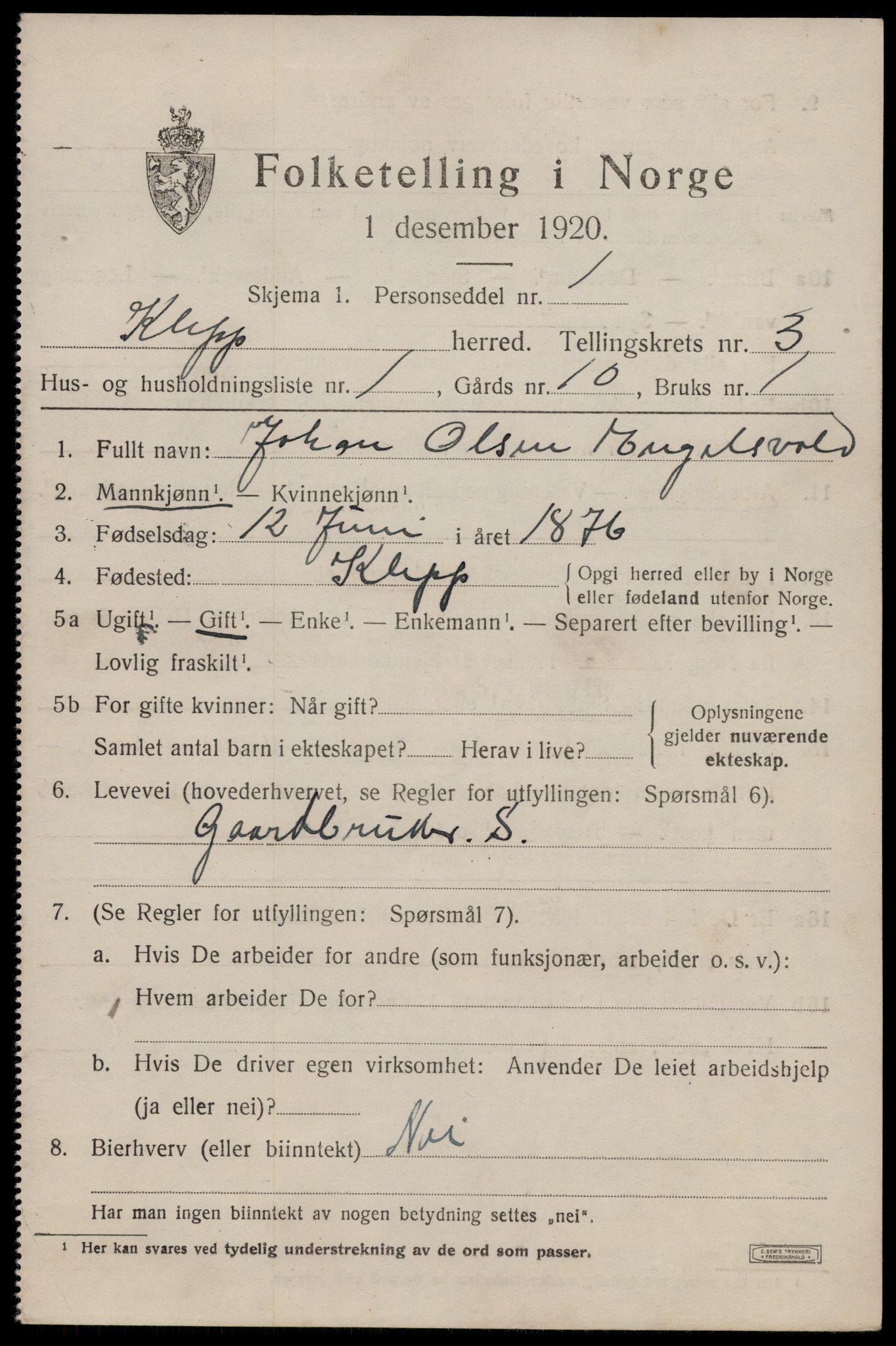 SAST, 1920 census for Klepp, 1920, p. 3184