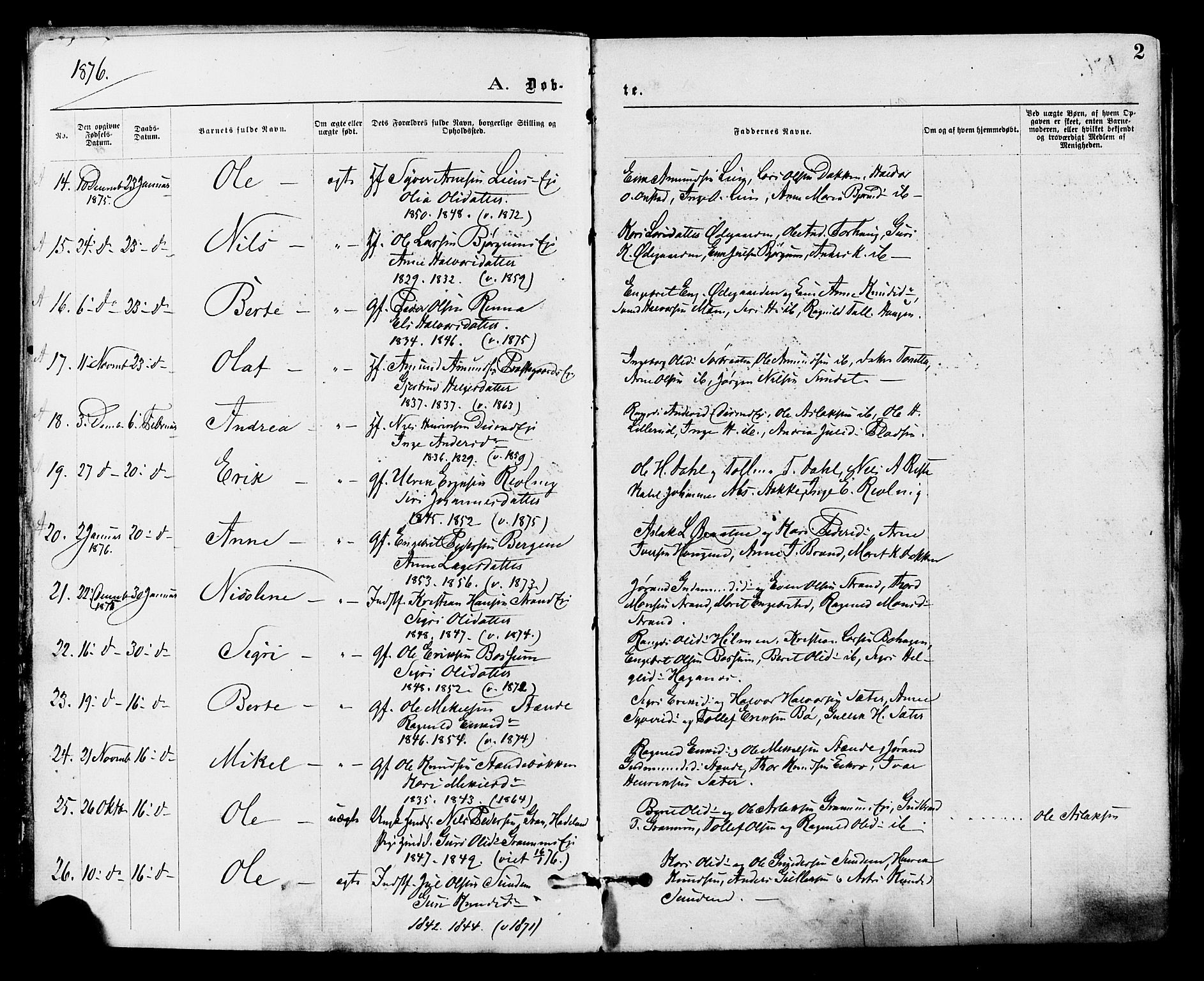 Nord-Aurdal prestekontor, AV/SAH-PREST-132/H/Ha/Haa/L0009: Parish register (official) no. 9, 1876-1882, p. 2